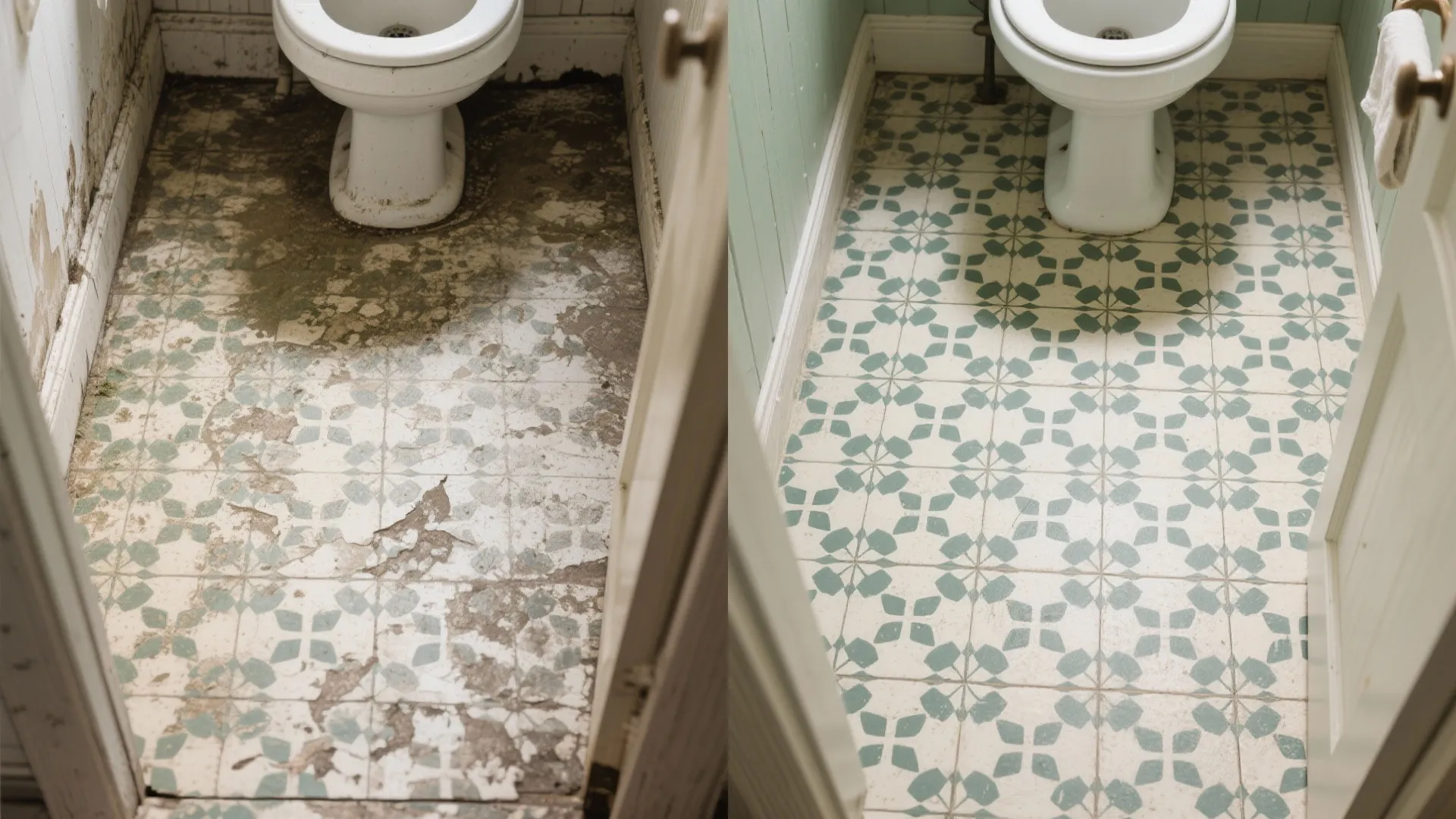 Before and after view of dirty bathroom floor versus a clean green floral patterned tile floor