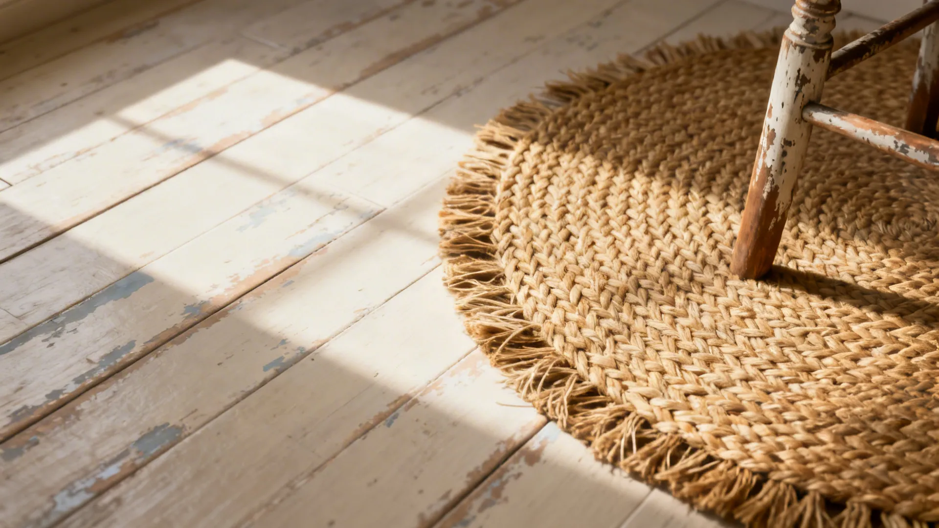 Whitewashed painted floor with a braided natural-fiber rug and subtle wear marks