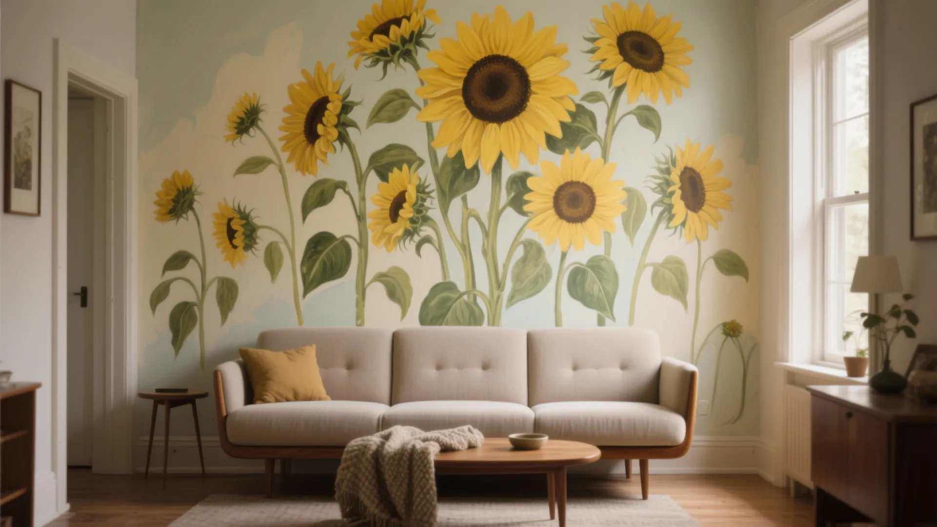 Modern living room with sunflower wall panel behind a light grey sofa and wooden table