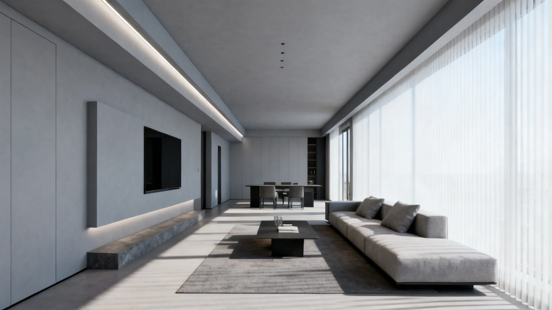 Narrow living room with a shallow flush beam painted same soft gray as the ceiling and recessed lighting.