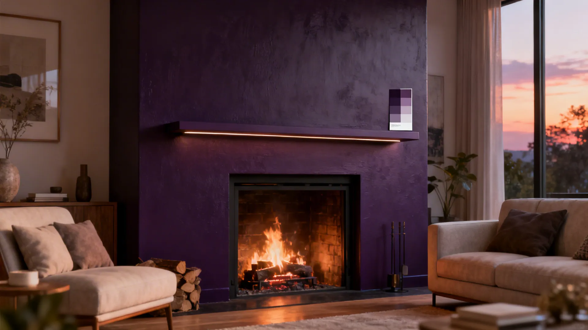 Fireplace wall painted in a rich moody color with a slim floating mantel and low hearth.