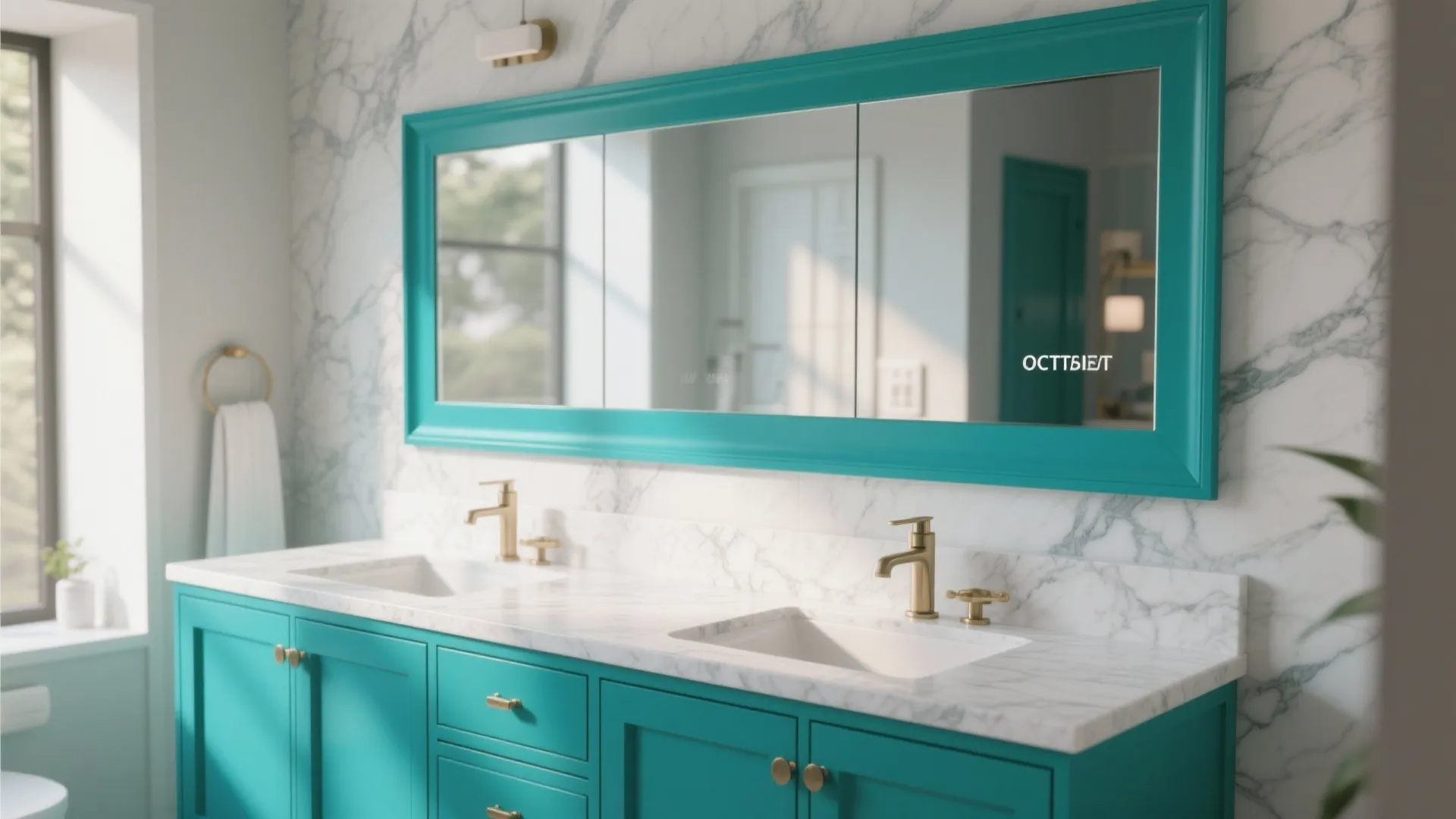 Bathroom mirror with painted teal frame matching cabinetry