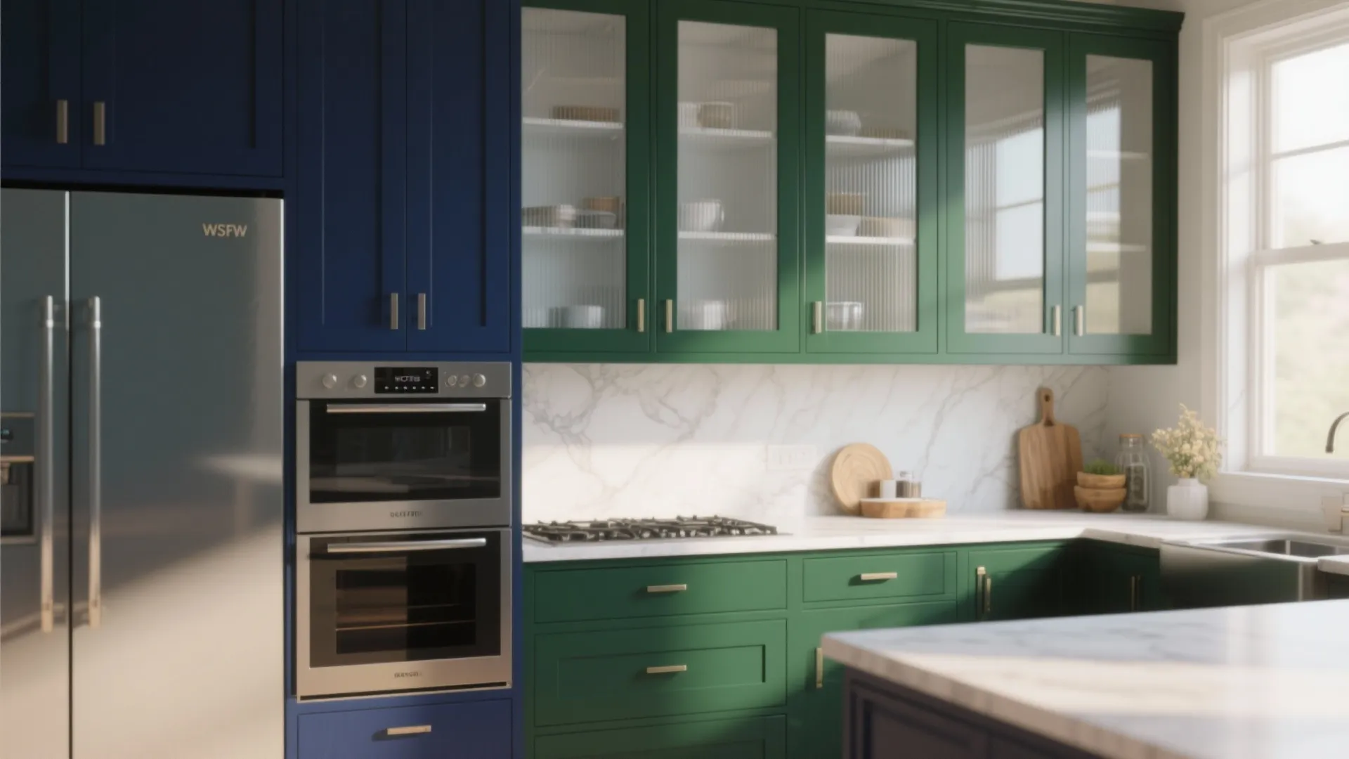 Modern green and blue kitchen cabinets with glass doors and white marble wall in sunlight