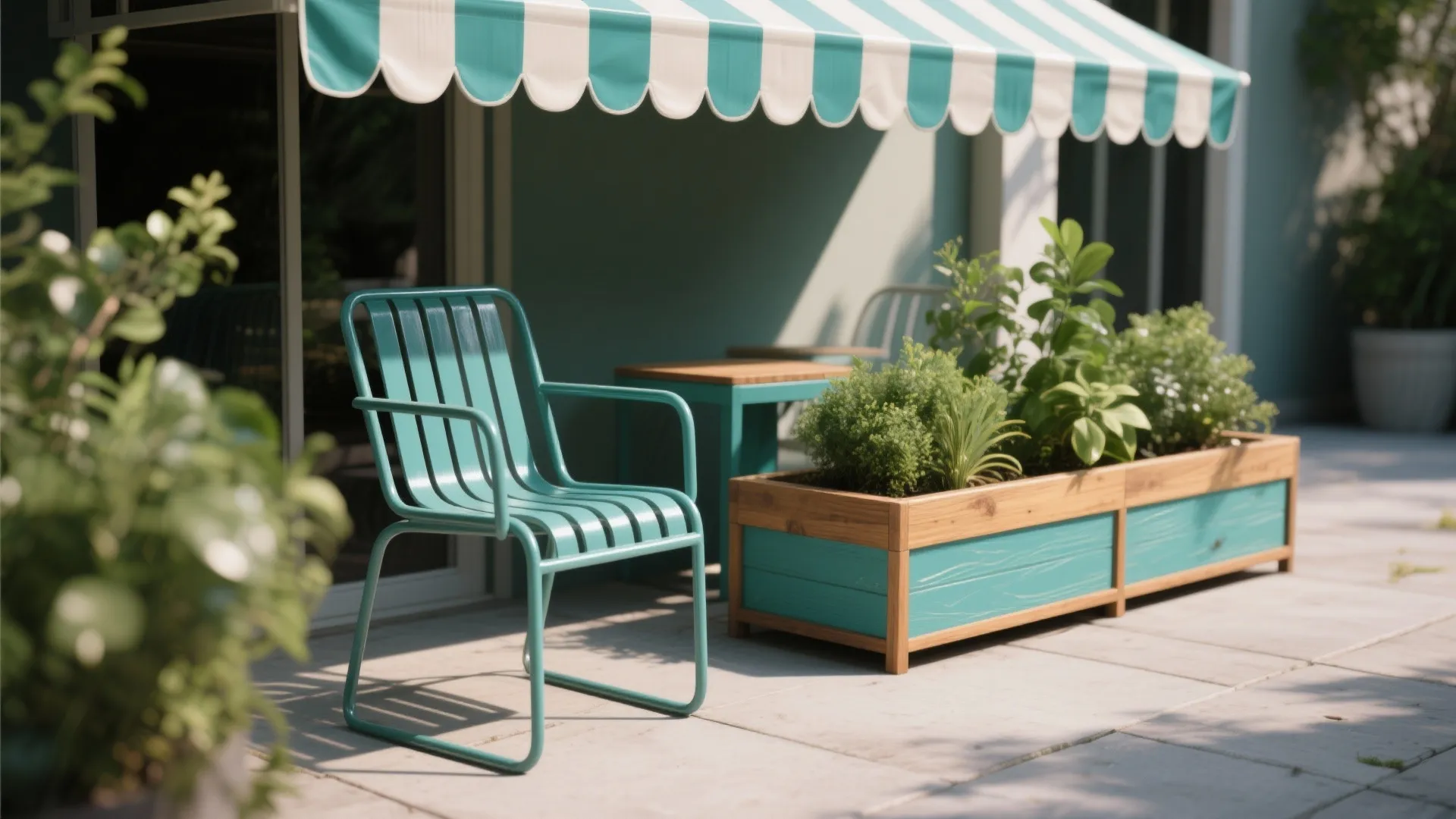2. Painted outdoor furniture and planters: controlled exposure
