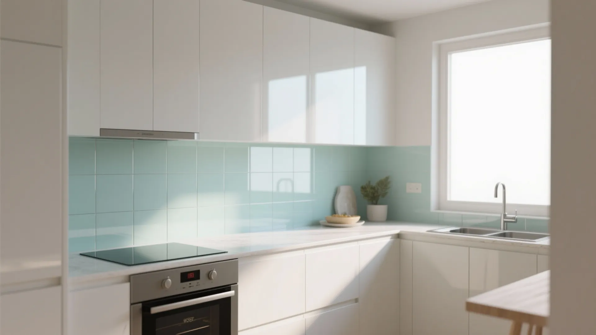 Modern white kitchen with light blue wall tiles marble countertop white cabinets sink and window