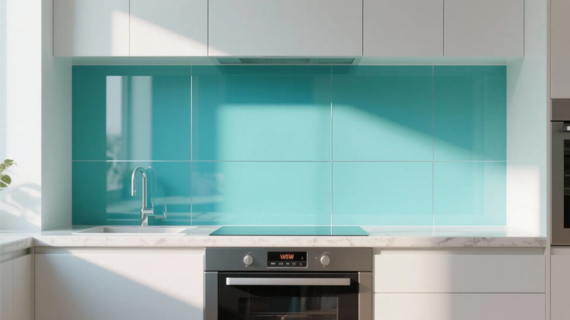 White modern kitchen featuring blue glass wall panels with marble countertop and built in kitchen oven