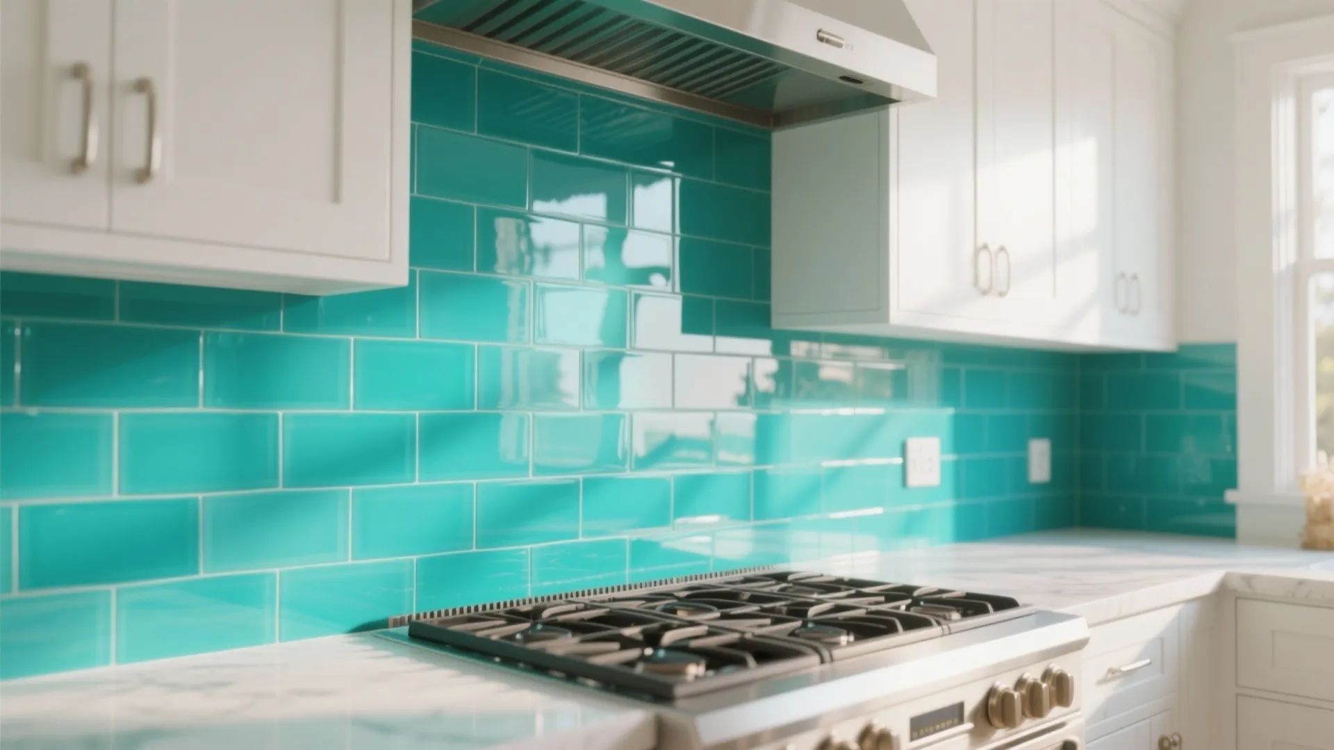 White kitchen featuring bright teal glass tile backsplash silver stove and marble countertops in natural light