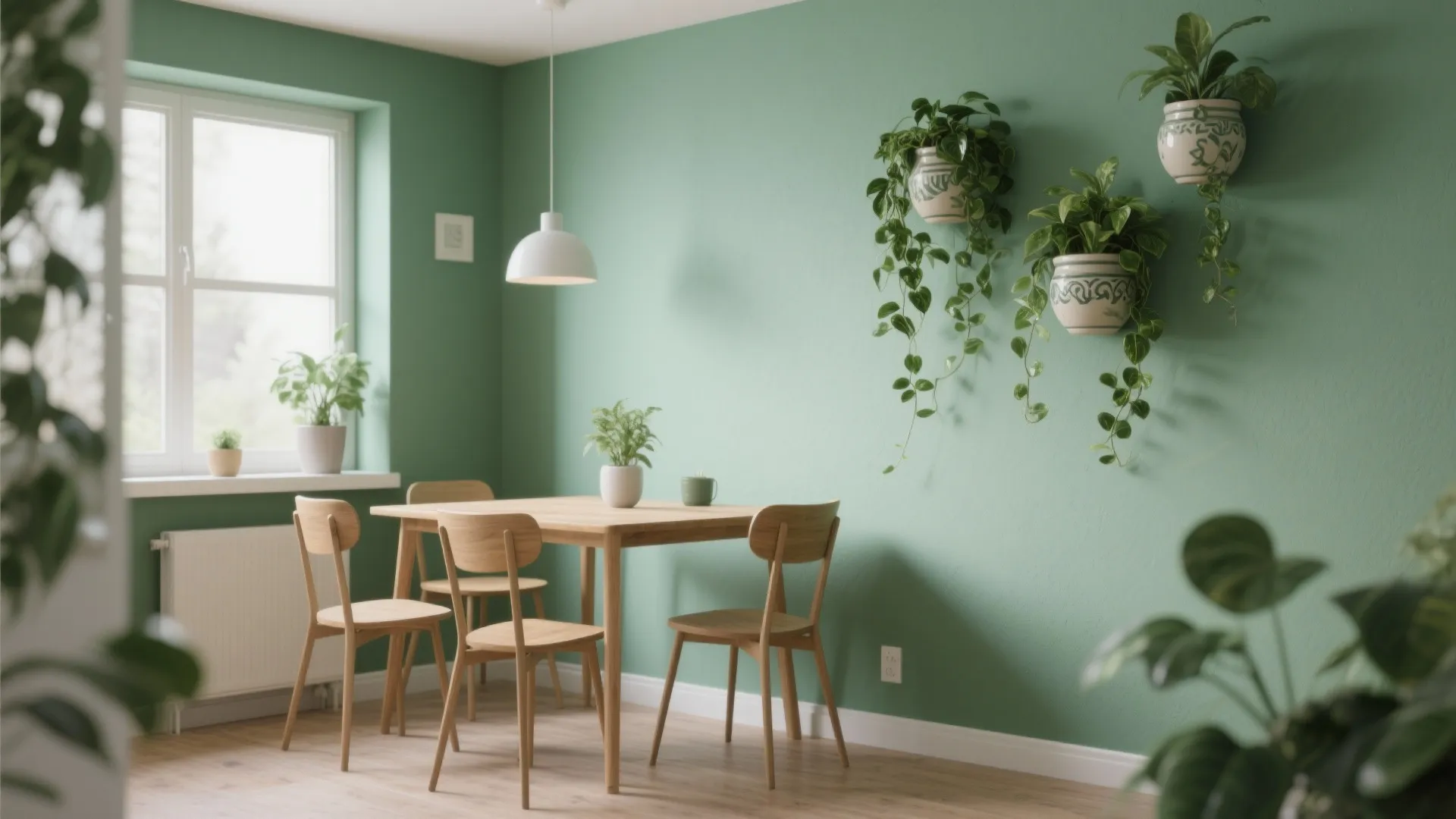 3. Painted green backdrop with mounted planters