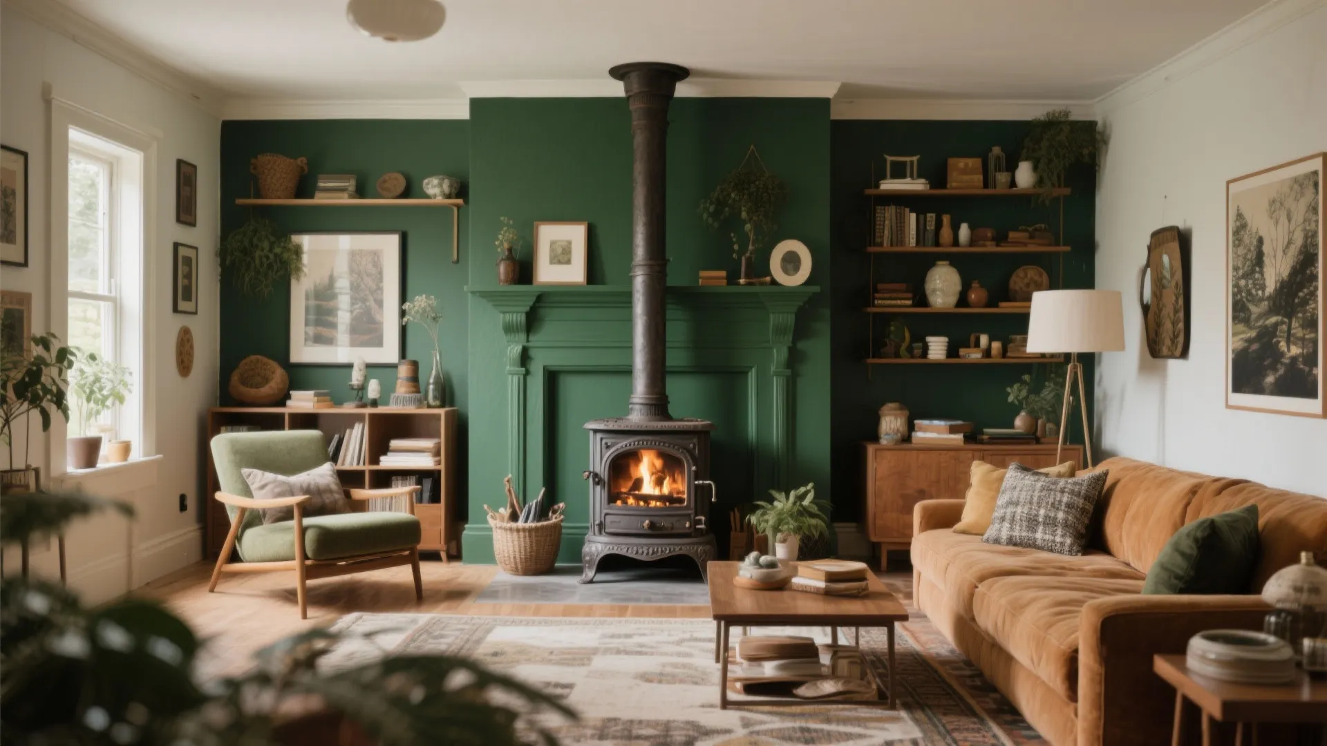 Dark green living room wall featuring black wood stove with orange sofa and wooden storage shelves