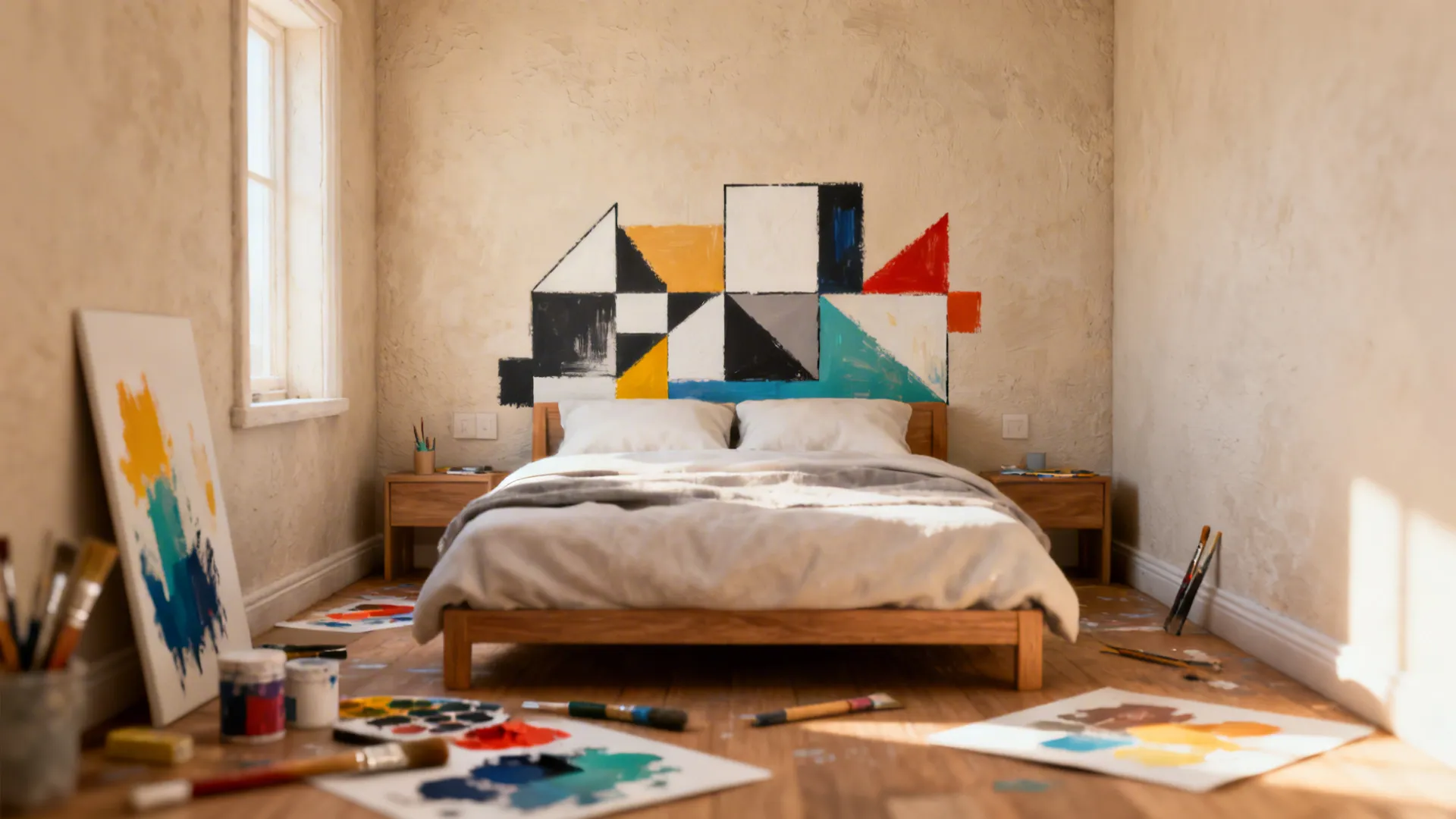 Tiny bedroom with a hand-painted geometric headboard mural for floor-space drama.