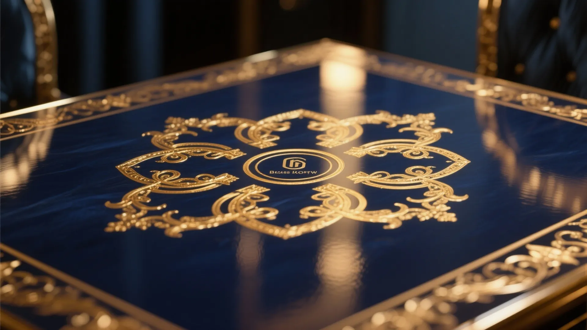 Close-up of painted gold inlay pattern on deep navy dining table