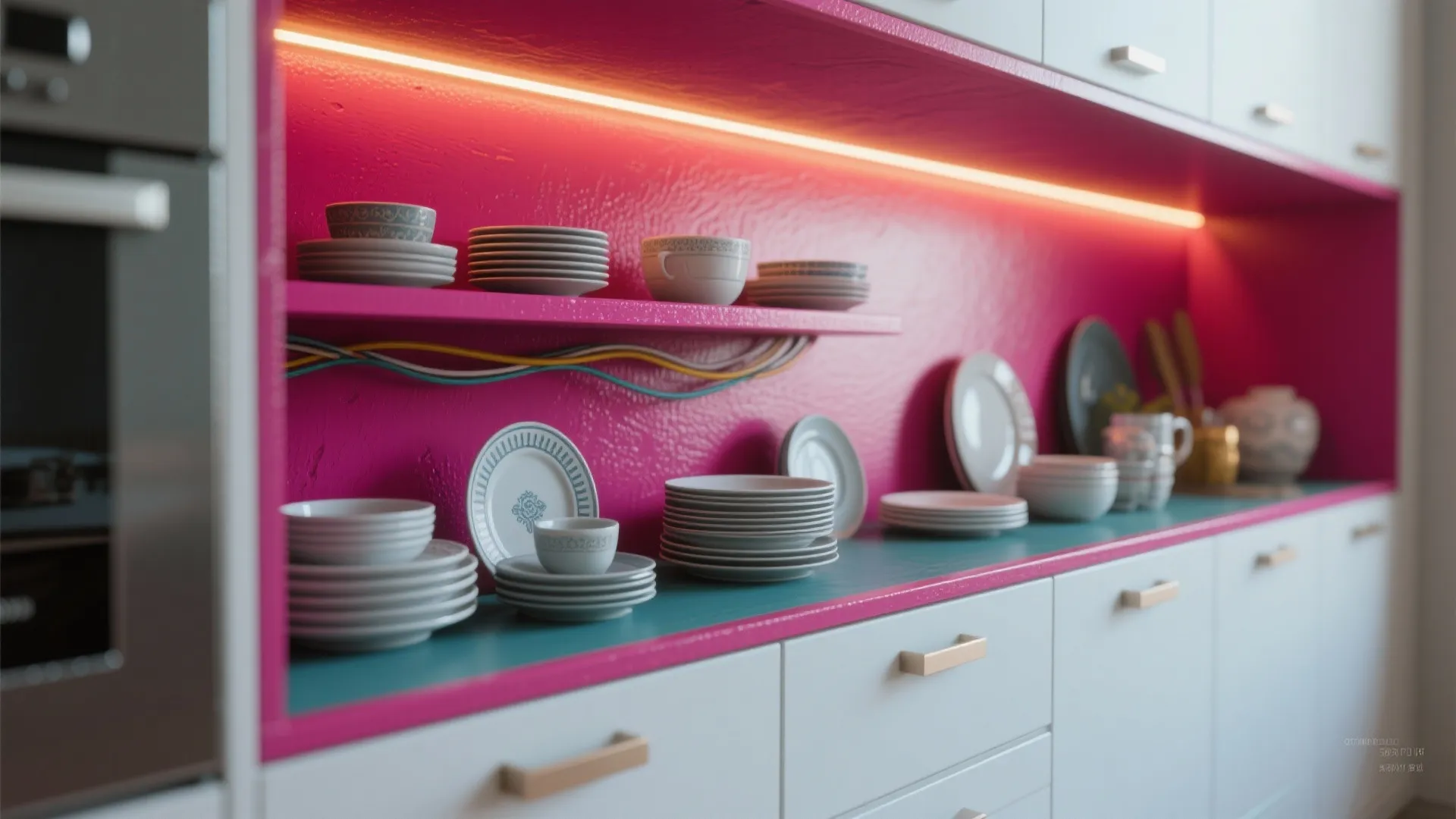 Modern kitchen with pink wall white cabinets led light strip and plates on blue counter