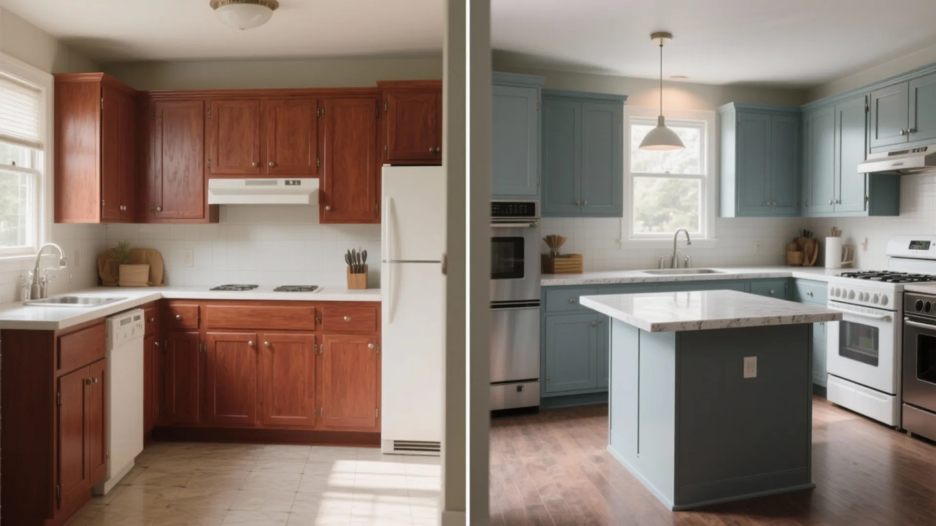 Before and after kitchen renovation showing dark wood cabinets replaced by blue cabinets and island