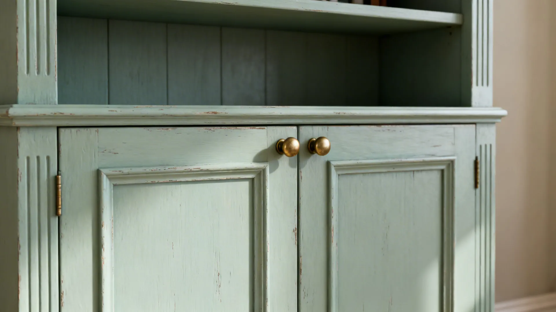 Chalky sage painted bookcase with subtle distressing and brass knobs.