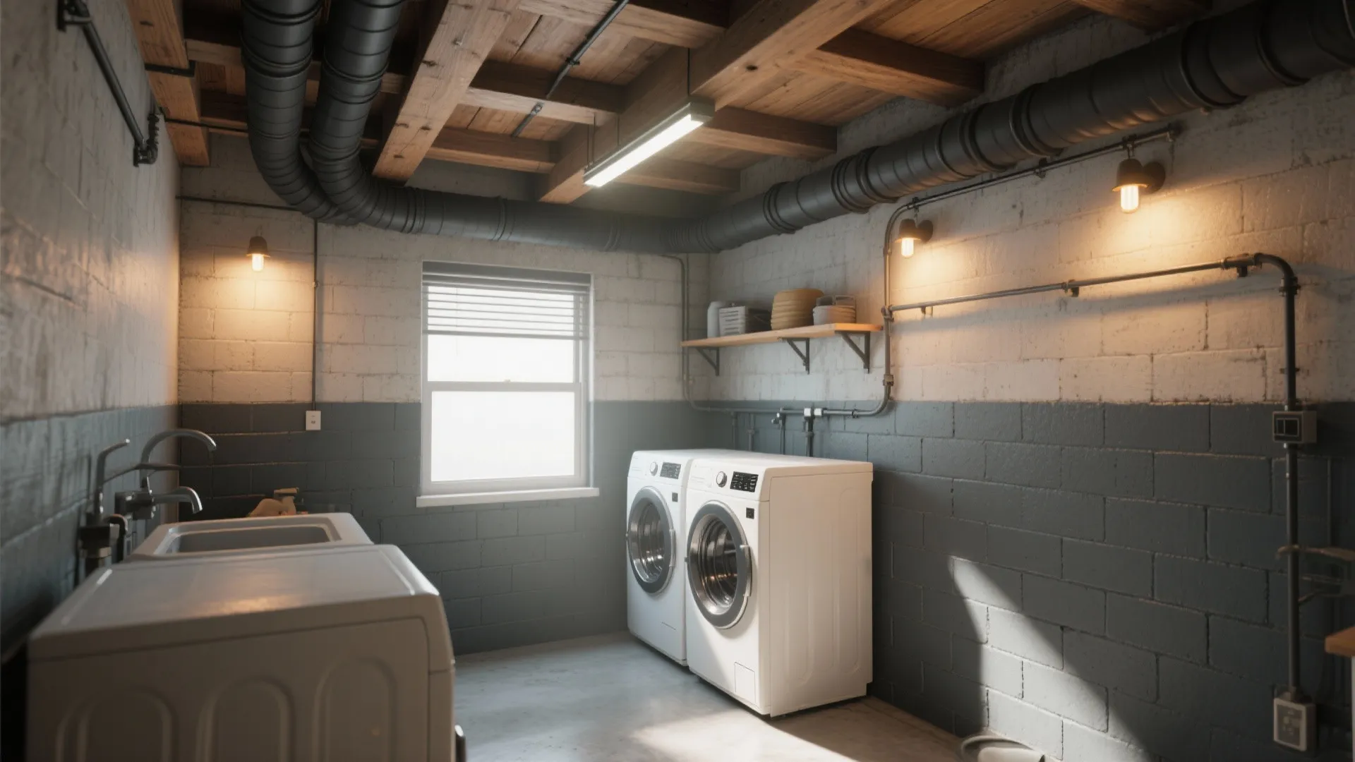 Laundry room with washing machines white brick walls dark pipes and wooden ceiling with light fixture