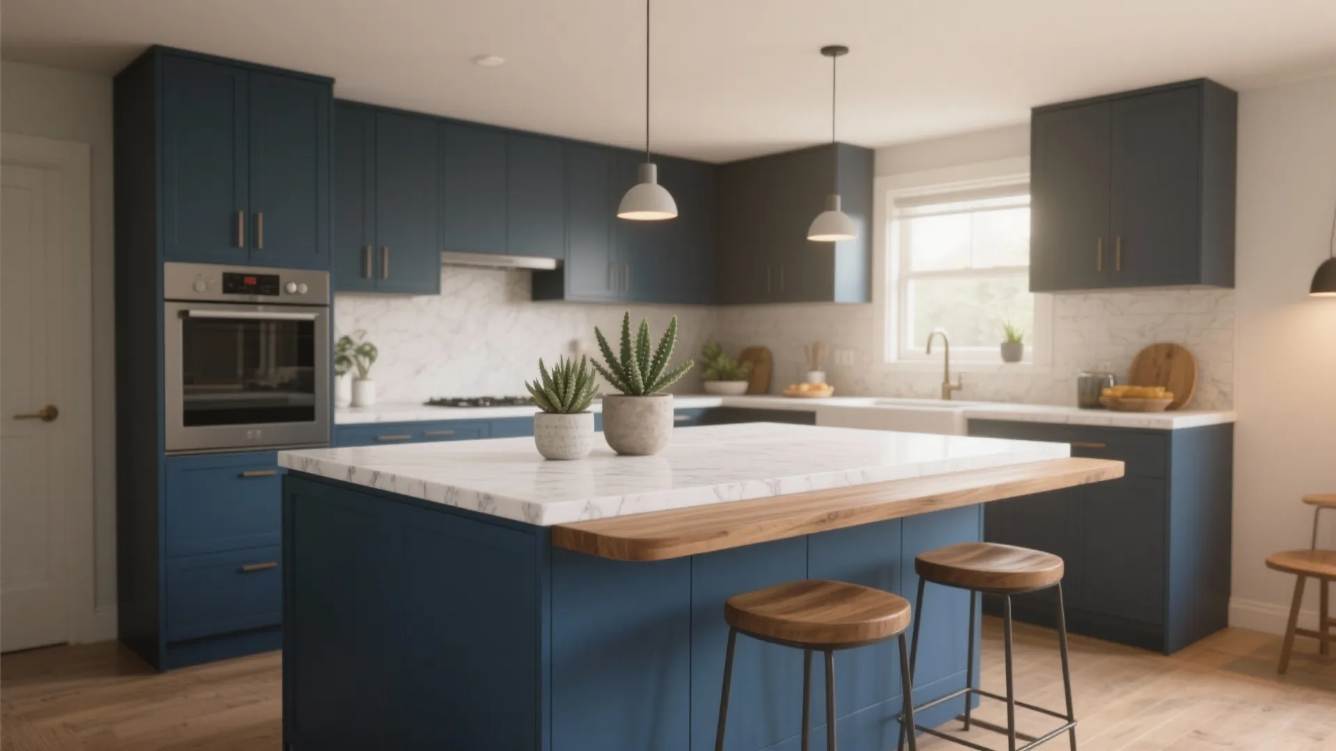 Modern blue kitchen with a marble island wooden bar stools two ceiling lights and plants
