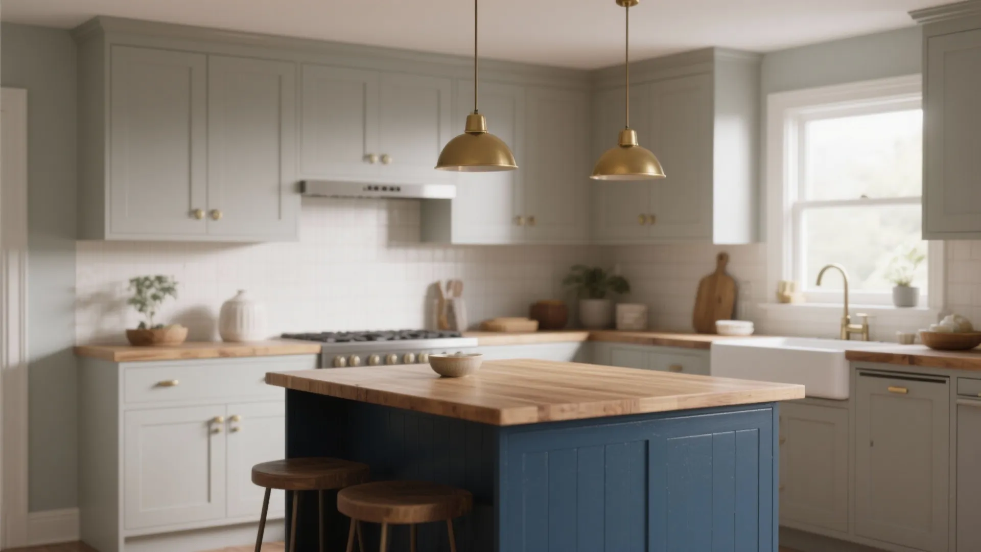 Modern kitchen with blue island and wood top gold ceiling lights and grey wall cabinets