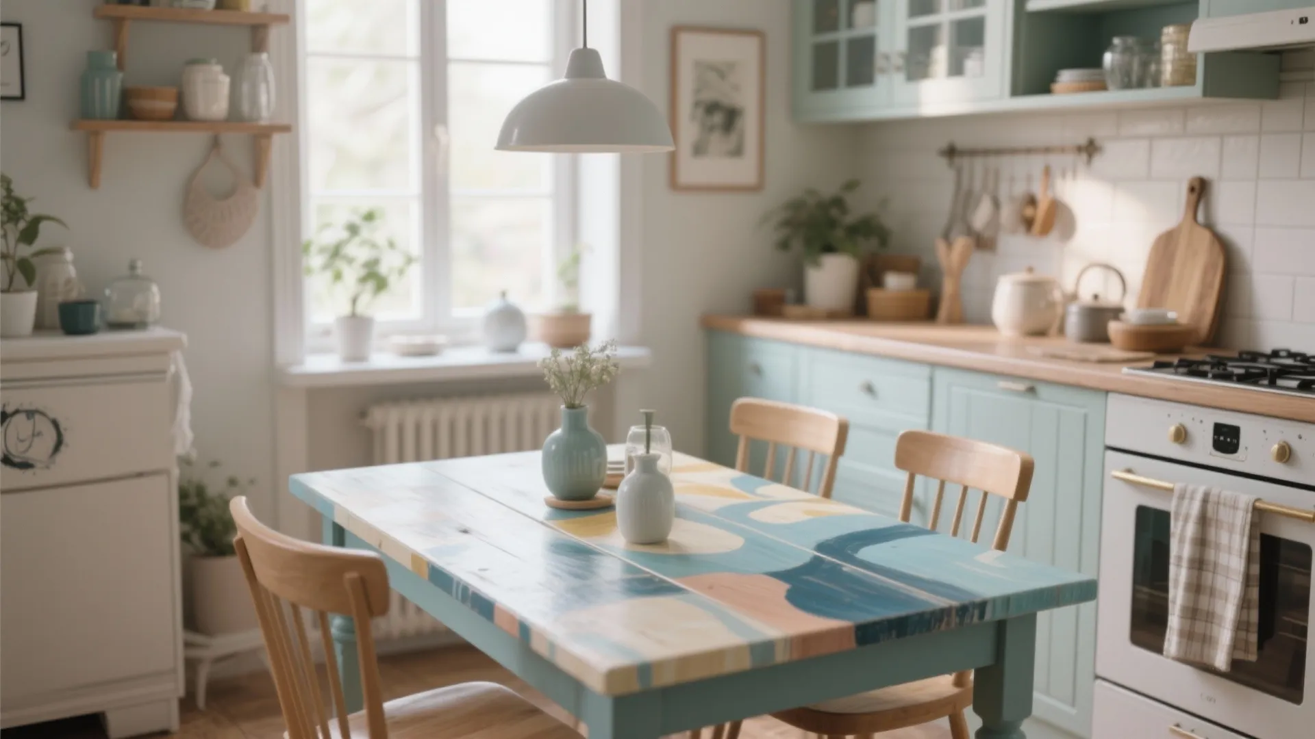 Bright kitchen with painted wood dining table and wooden chairs near green cabinets and oven