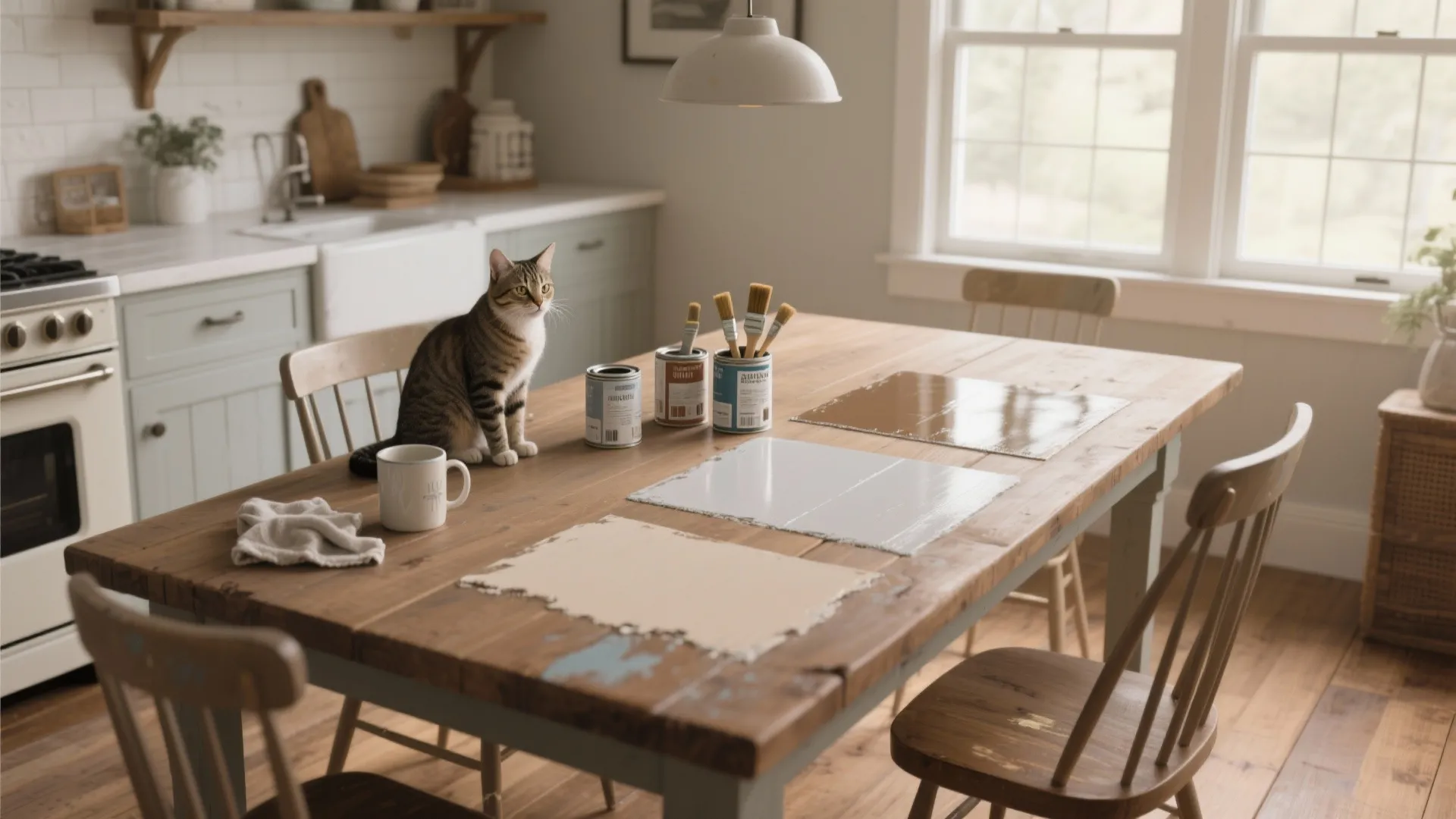 Wooden dining table with paint cans brushes color samples and a cat in a kitchen
