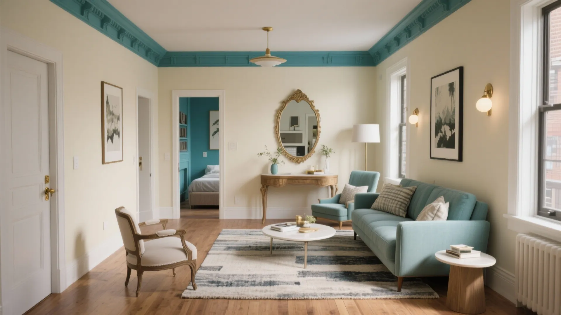 Bright living room with teal sofa blue wall trim wooden floor mirror and round coffee table