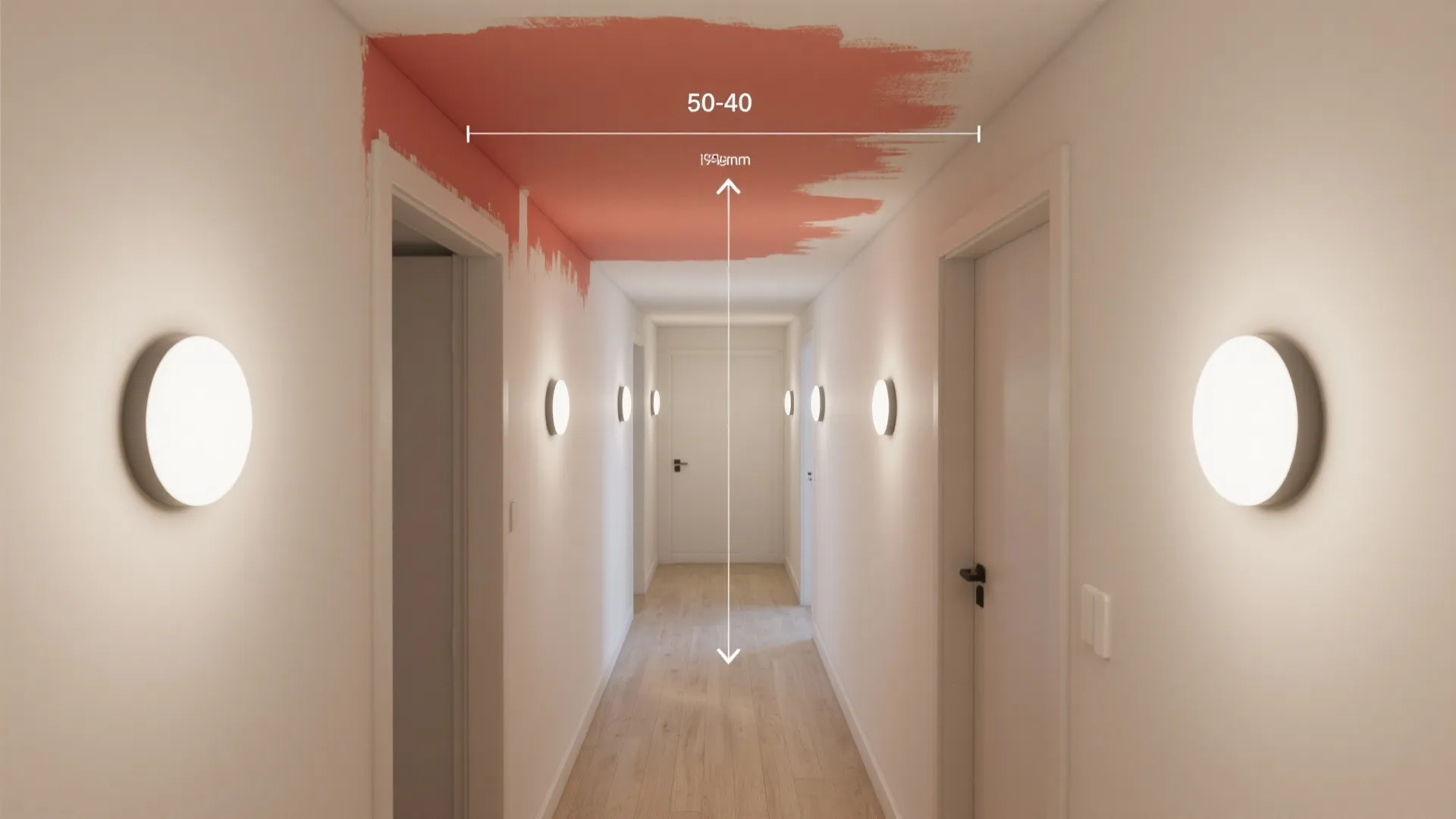 Interior design drawing of hallway with round wall lights pink ceiling paint and measurement labels