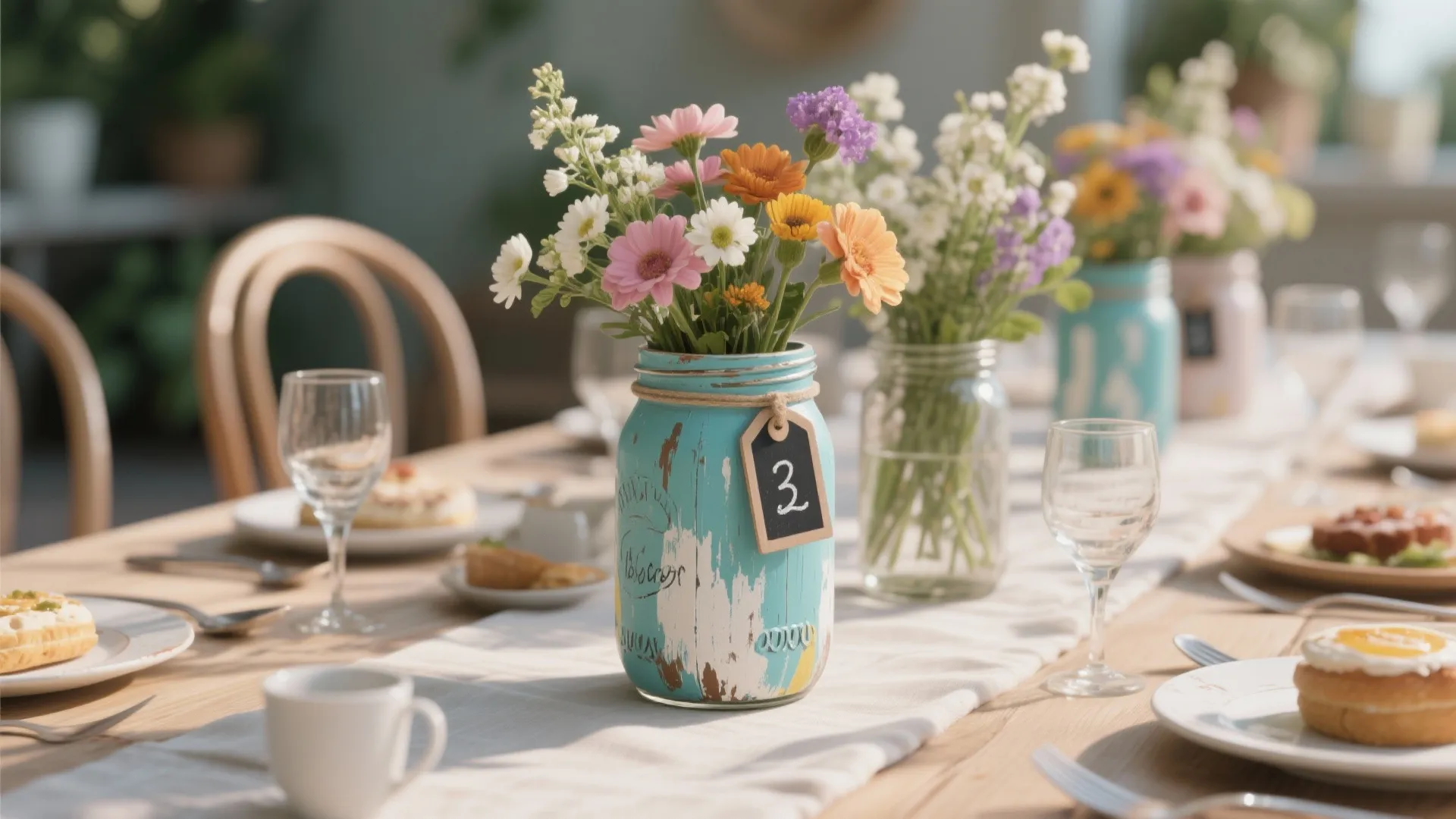Painted mason jars with chalkboard tags and flowers used as table number holders on a casual table.