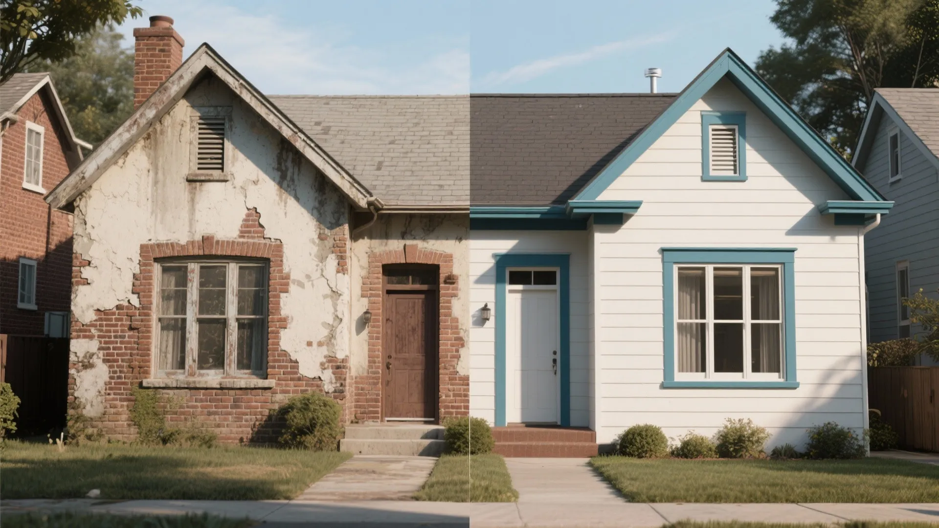 Before and after comparison of an old brick house renovated into a clean white modern home
