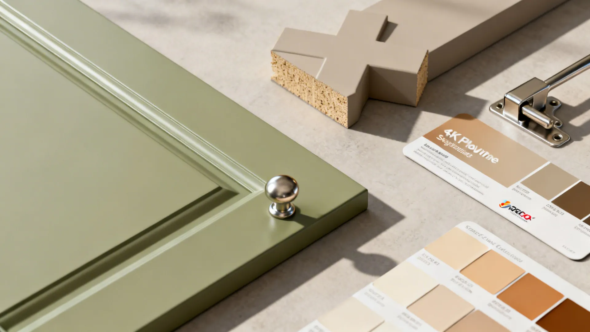 Top-down material board with painted MDF sample, hardware, and neutral palette chips.