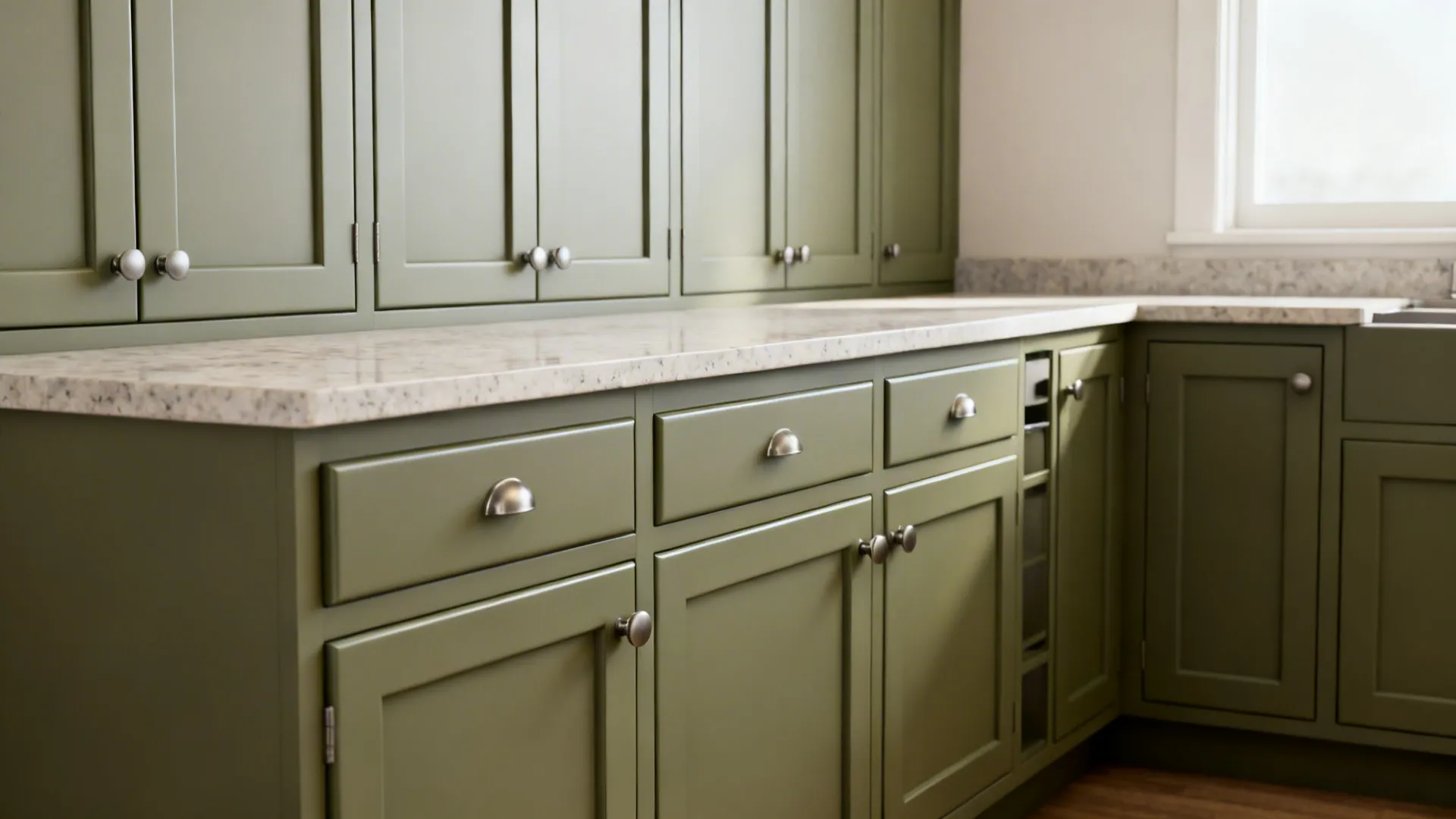 Greige-green satin painted MDF cabinets with smooth profiles and soft daylight.