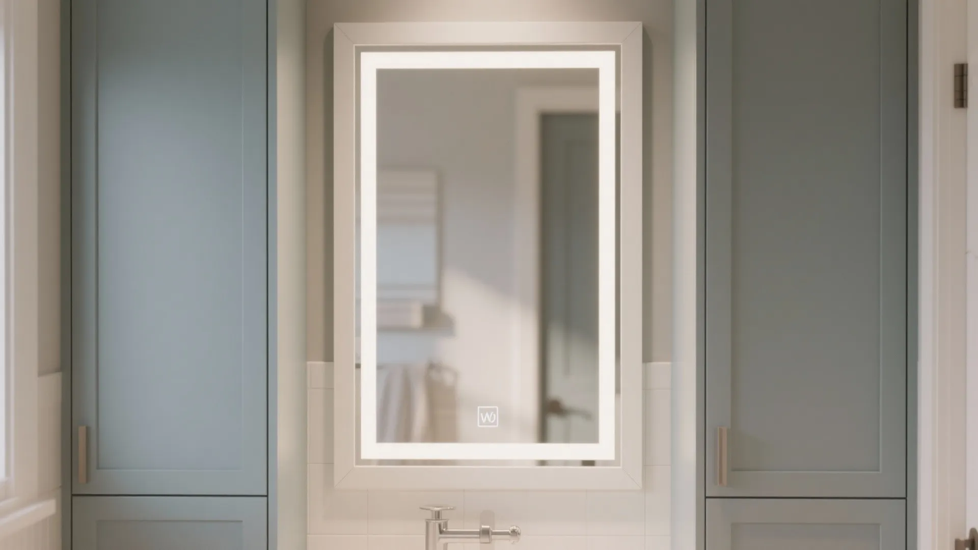 Modern bathroom with white framed light mirror between blue cabinets and a small white sink