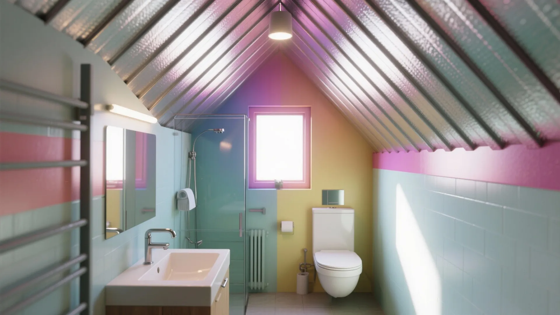 Modern attic bathroom with colorful walls and a corrugated metal ceiling design in vibrant colors