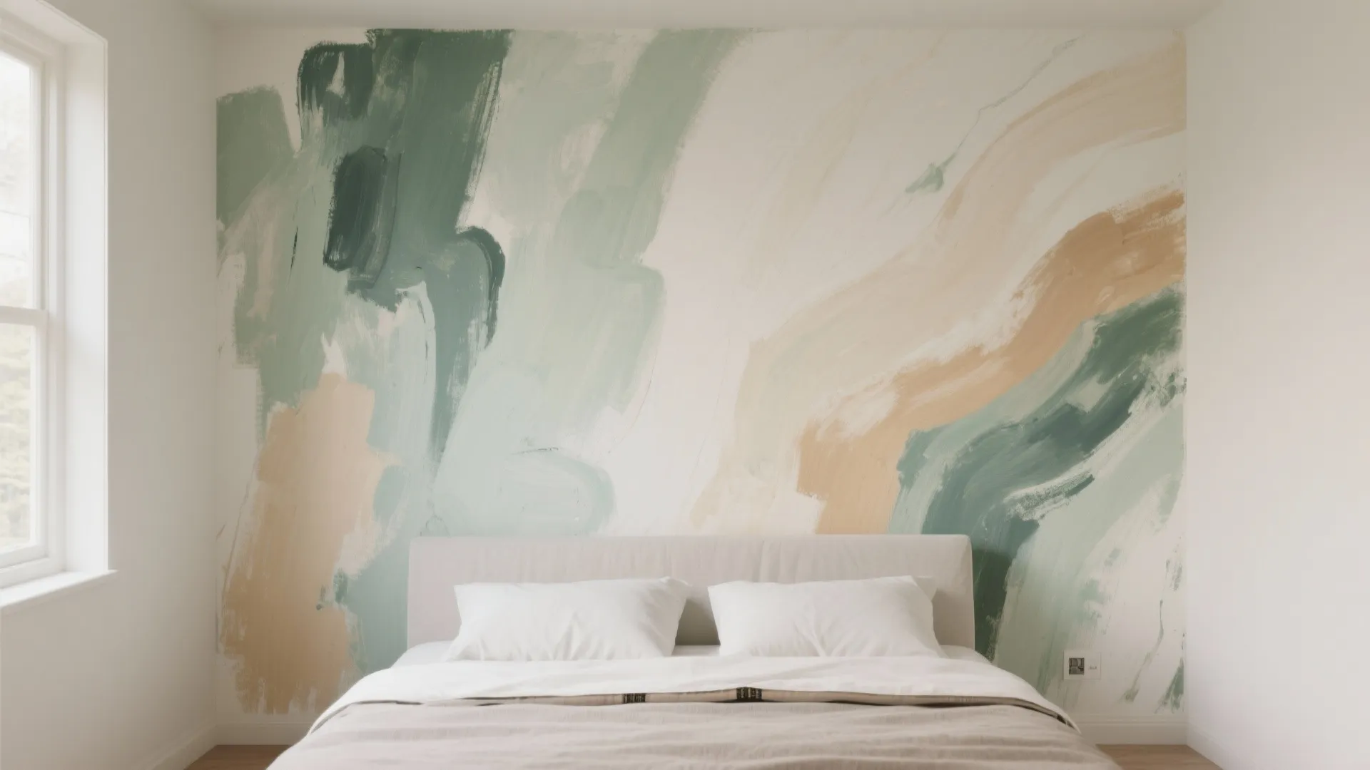 Modern bedroom with white bedding and large abstract painted wall design in green and beige
