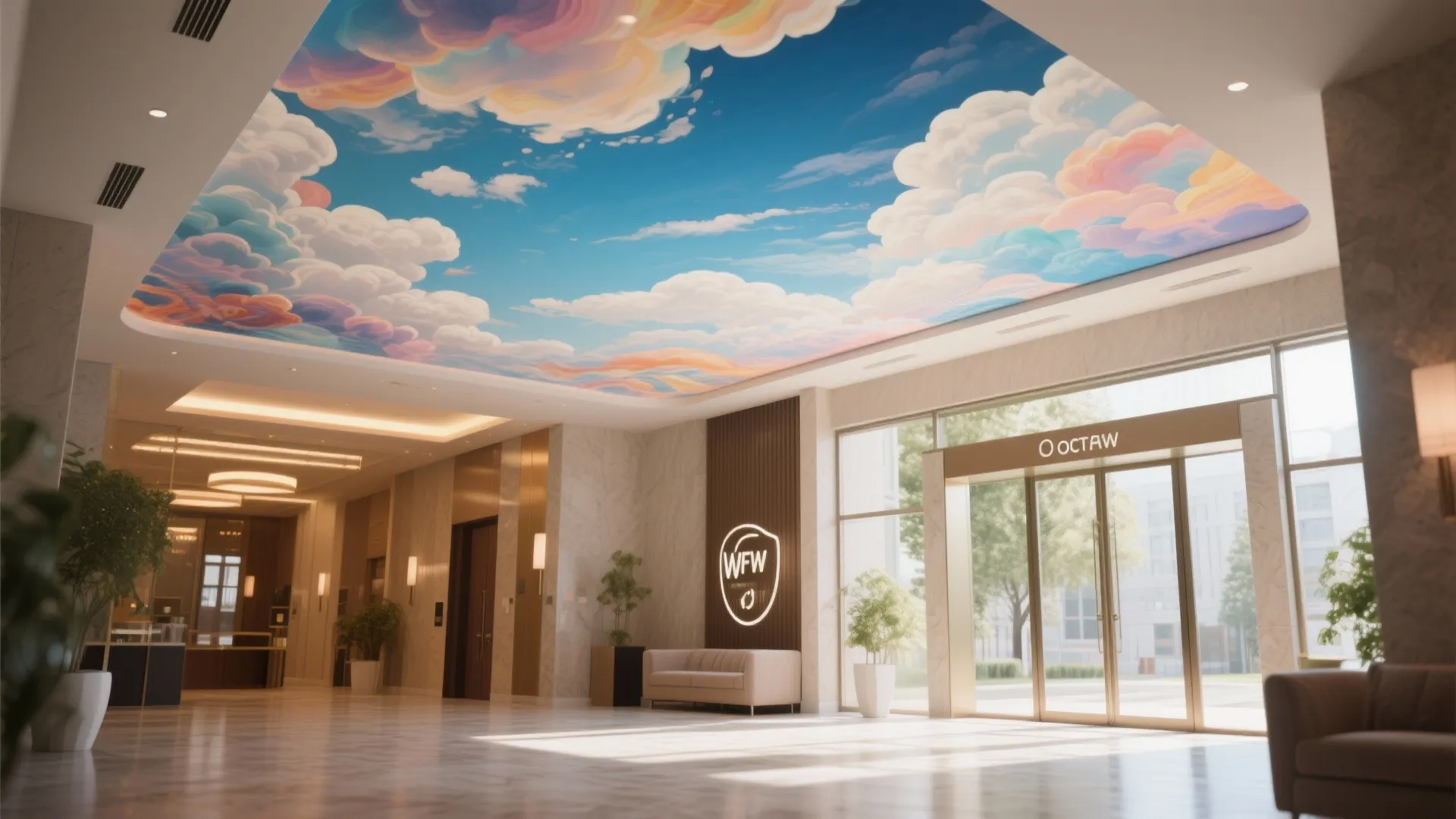 Painted mural ceiling adds artistry to entrance lobby