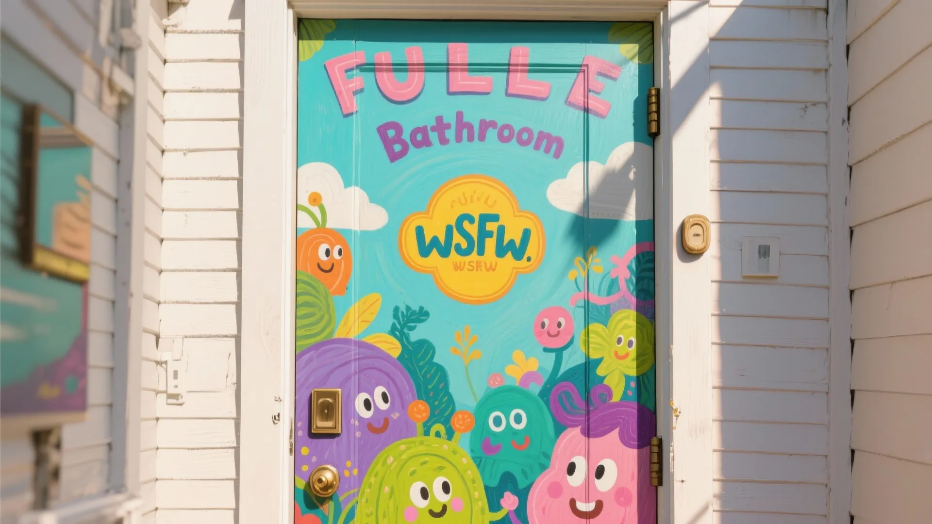 Bathroom door with colorful, hand-painted mural as signage