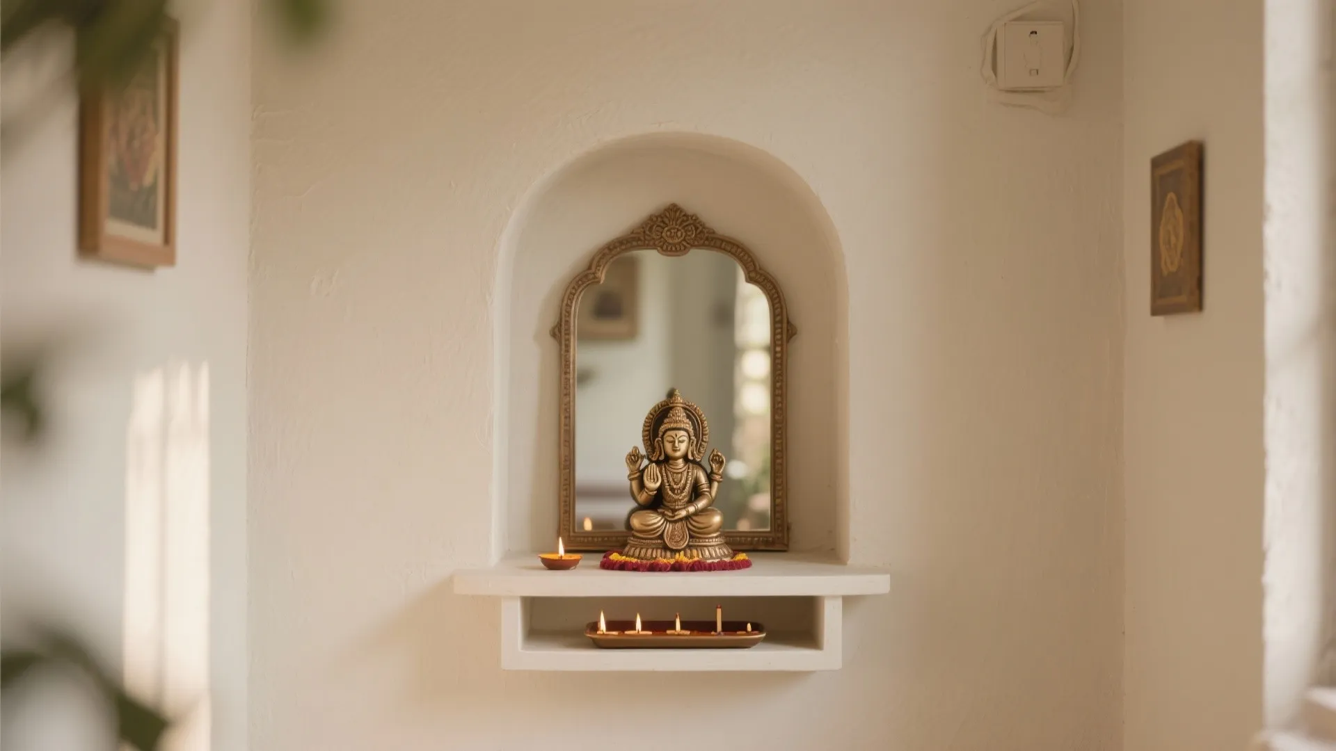 Clean painted niche with icon shelf and mirror trick