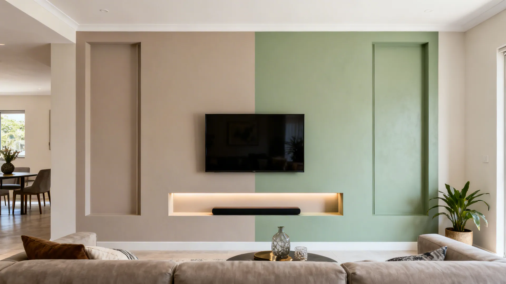 Light TV wall with shallow painted niches in taupe and sage with warm LED accents.