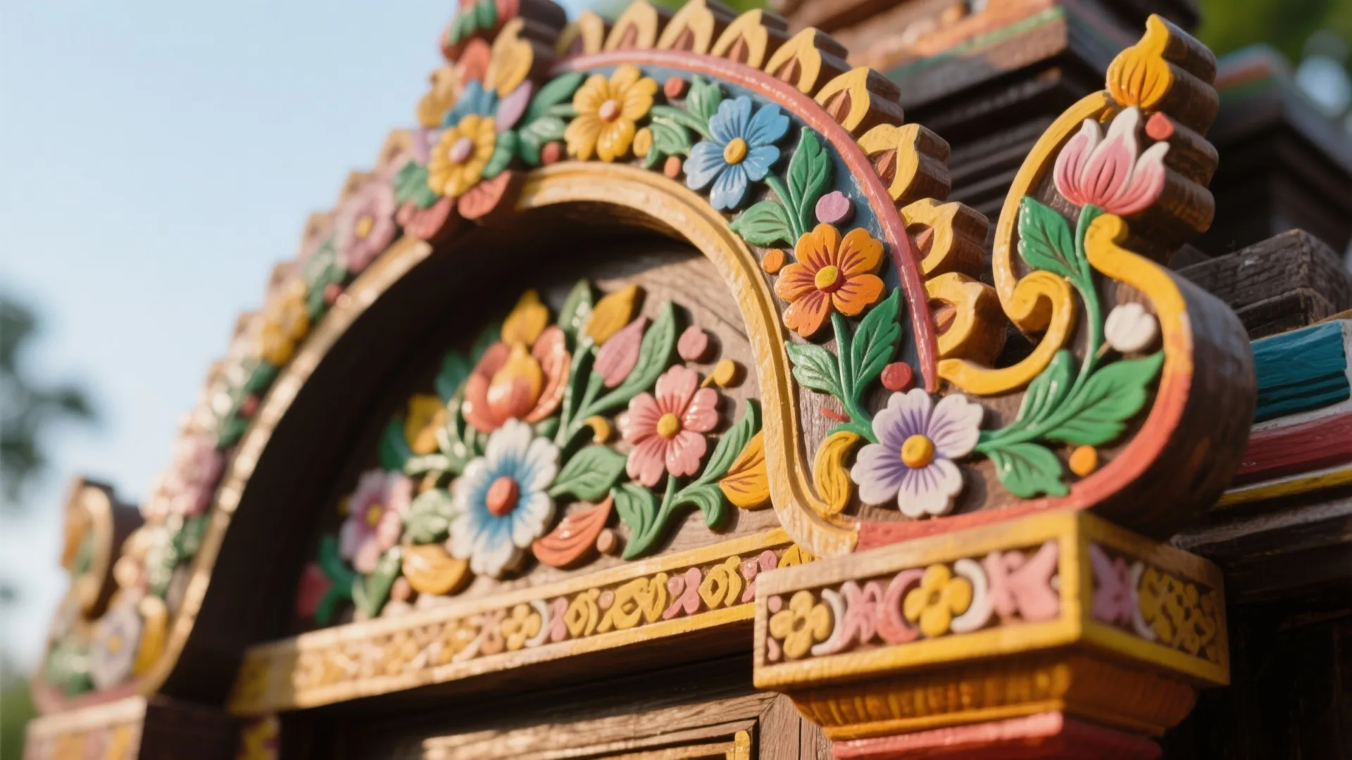 Close up of colorful hand painted flower carvings on a traditional wooden home temple structure