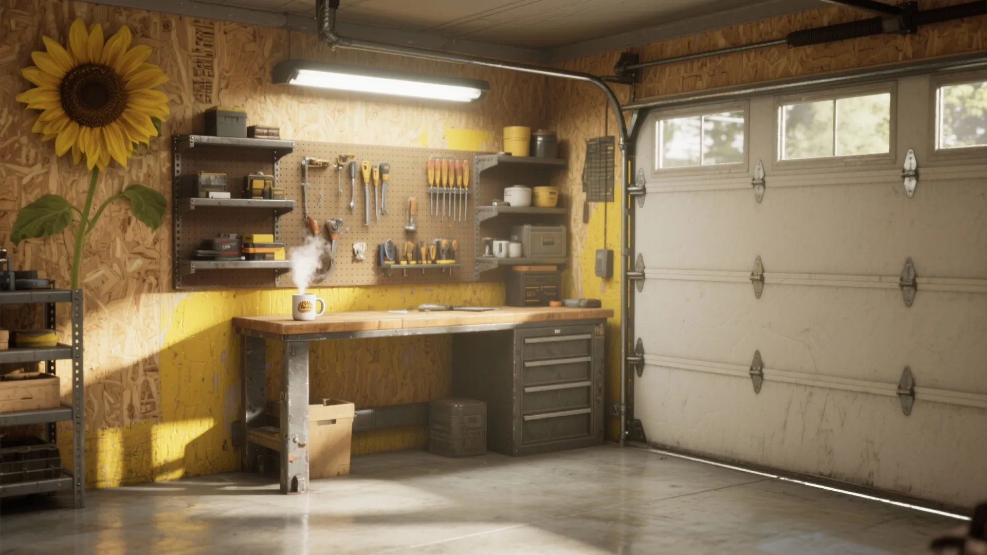 Garage workshop with wooden workbench tools on wall big sunflower and white garage door open