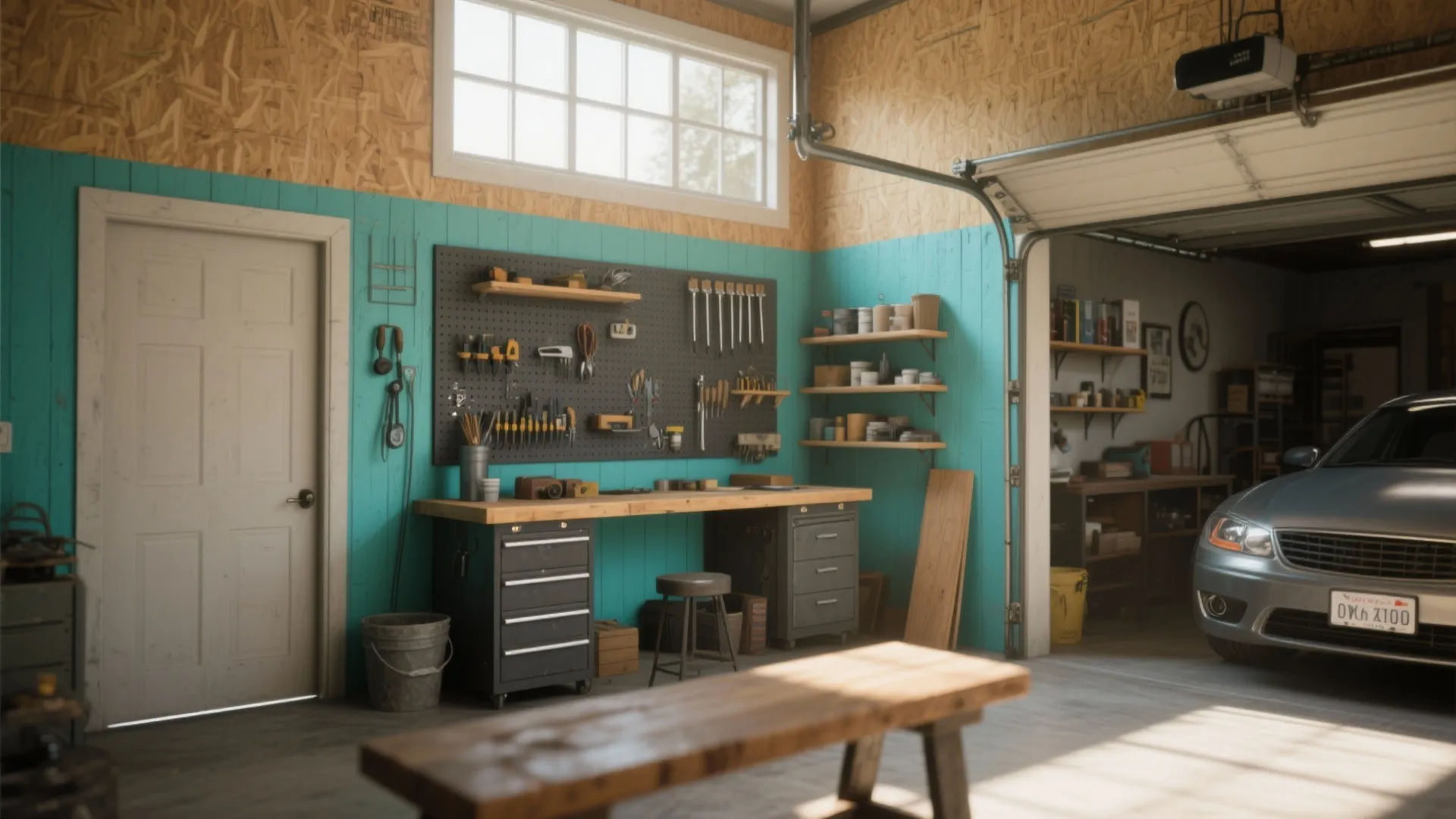 Garage interior design with turquoise wall panel and organized tool storage workbench near grey parked car