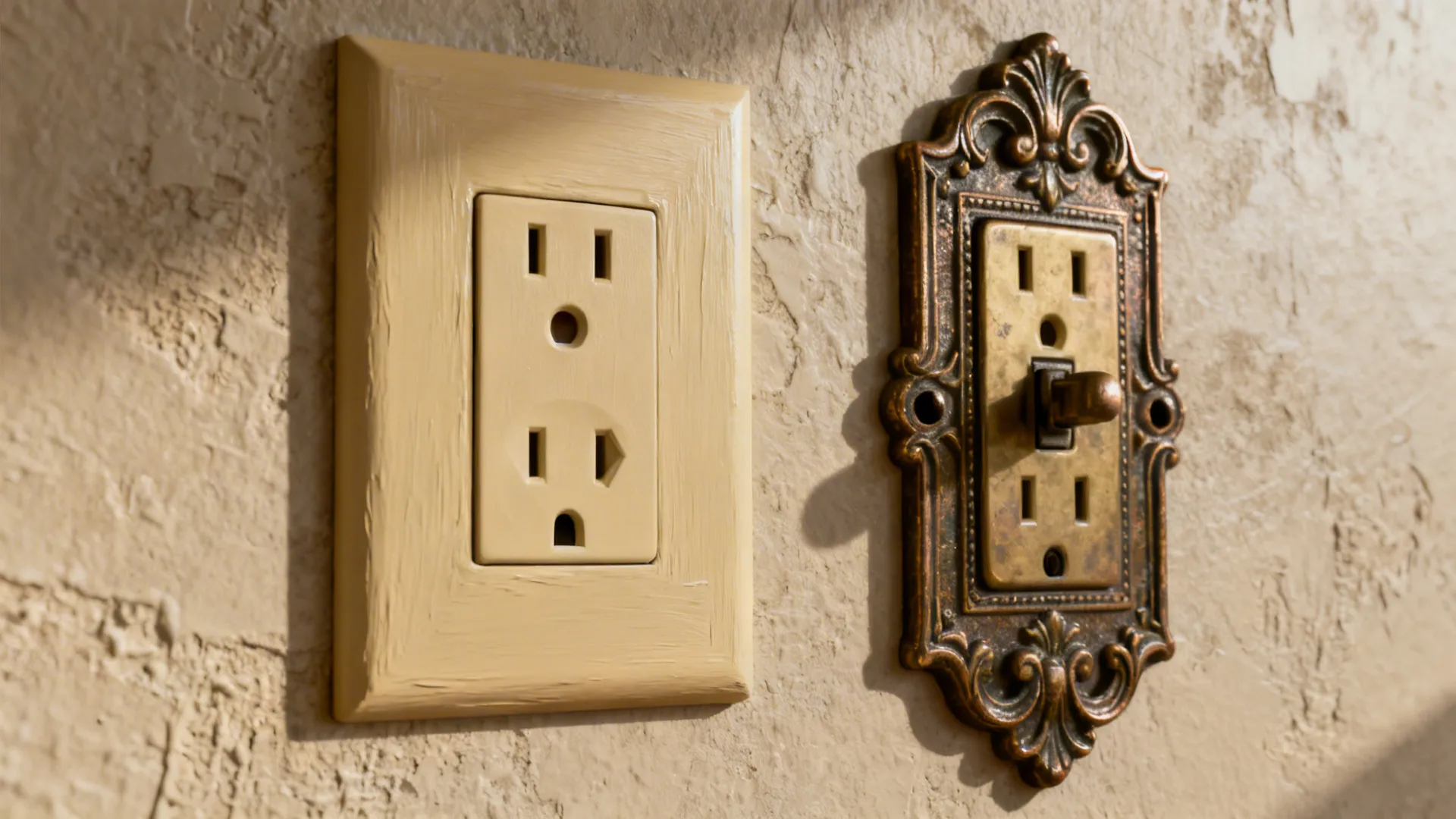 Painted outlet cover matching the wall and an ornate vintage cover for subtle concealment.