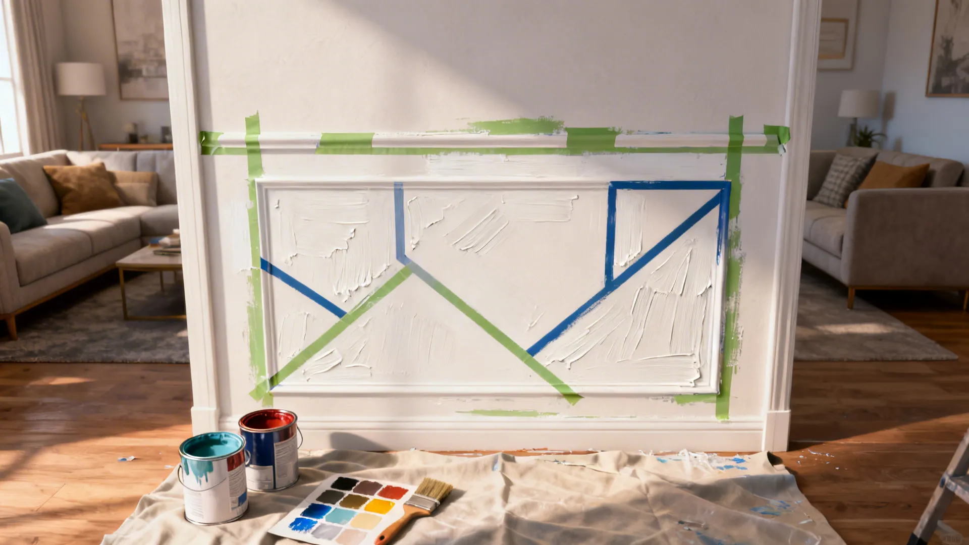 Wall panel being painted with green tape geometric patterns paint cans and brush on floor