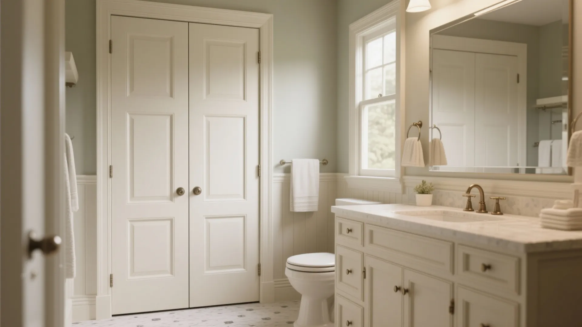 Bright bathroom with white double doors, marble counter, wood cabinet, toilet, mirror, and natural light