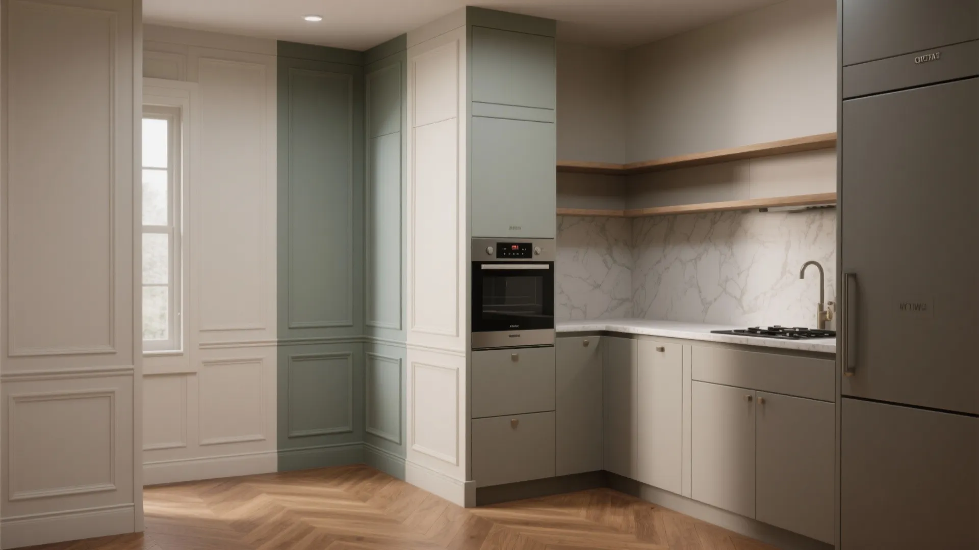 Modern kitchen with white and green wall panel cabinets wooden floor and marble backsplash interior design