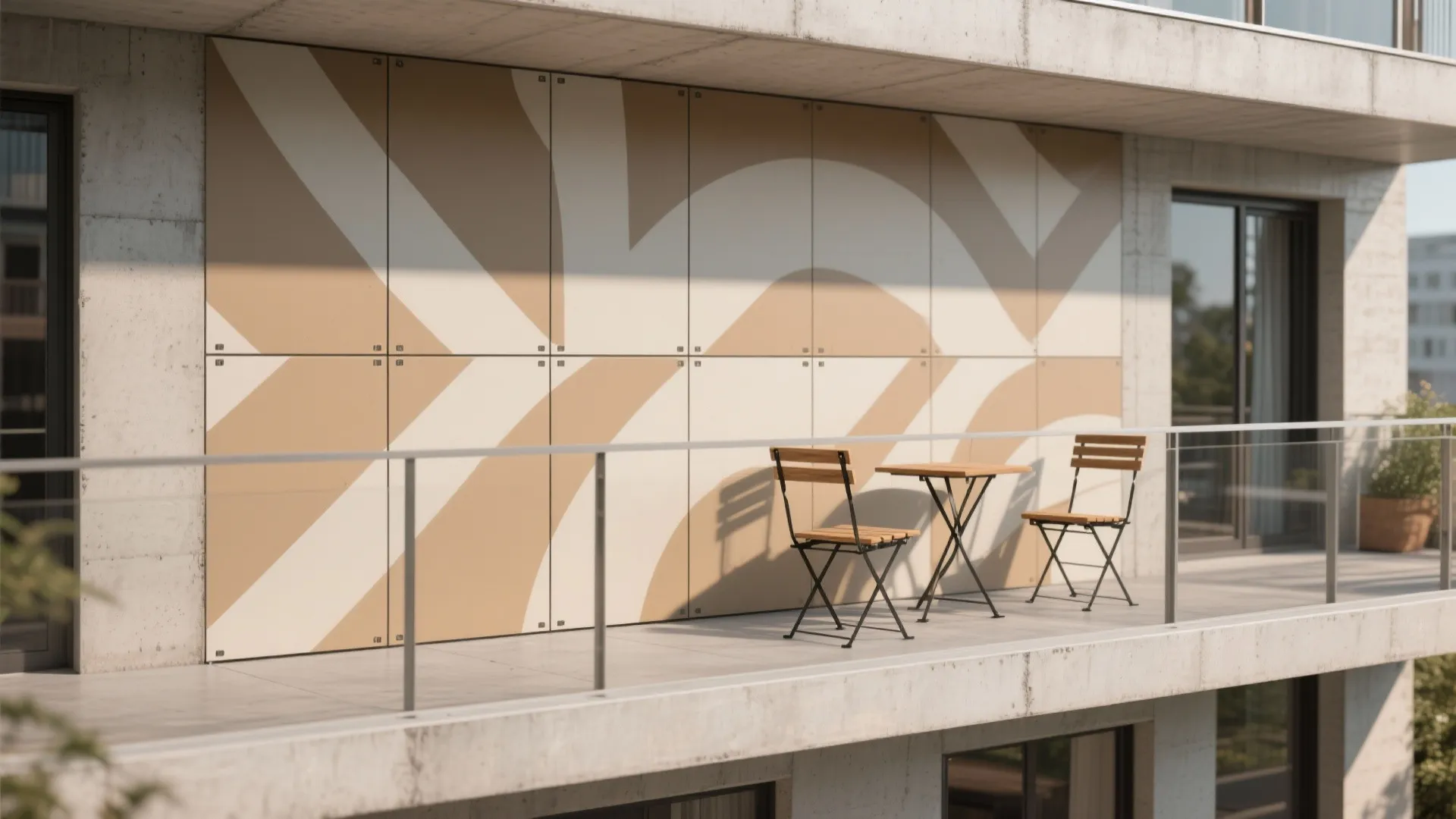 Balcony with removable painted fiber-cement panels in a warm stencil pattern and a slim bistro set.