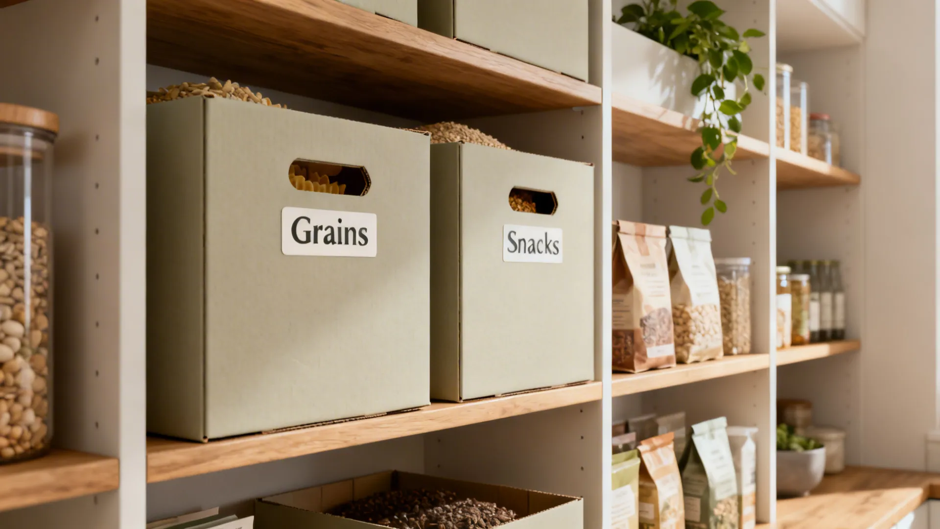 Painted Cardboard Pantry Bins with Labels