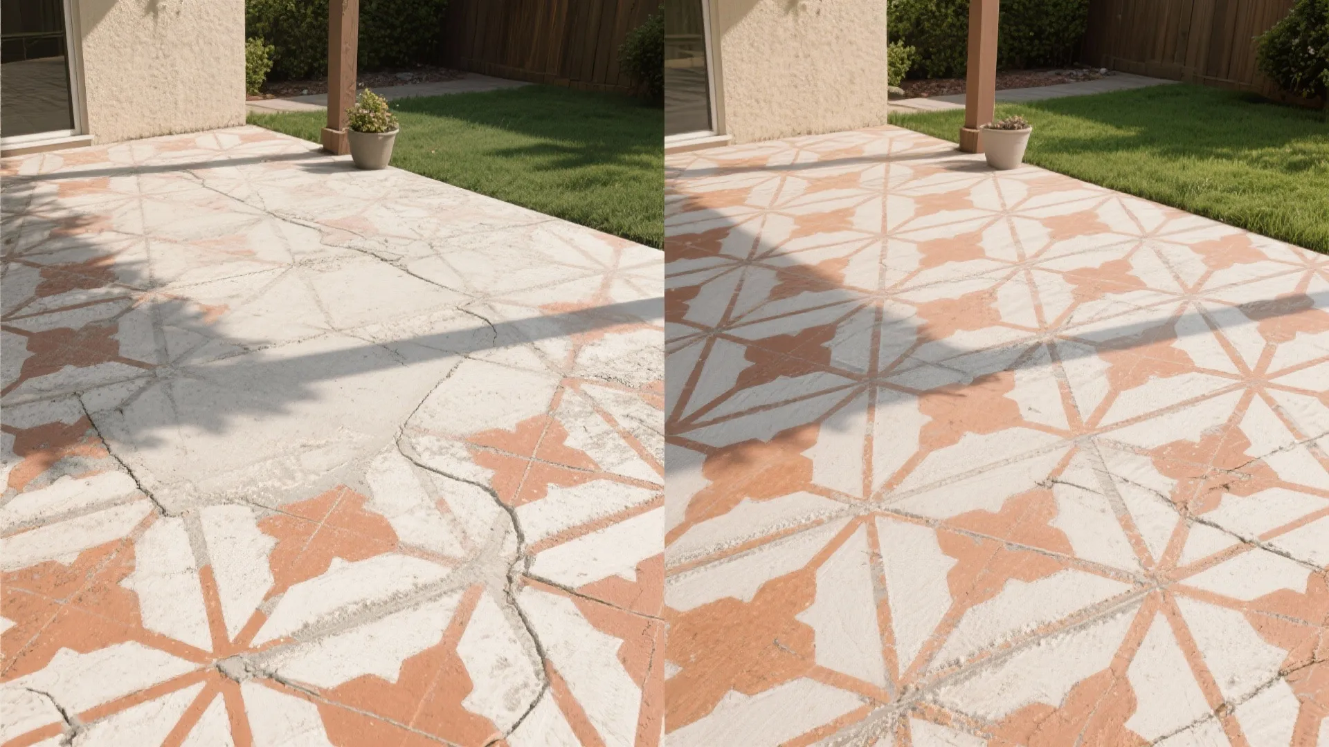 Before and after of a painted geometric patio floor