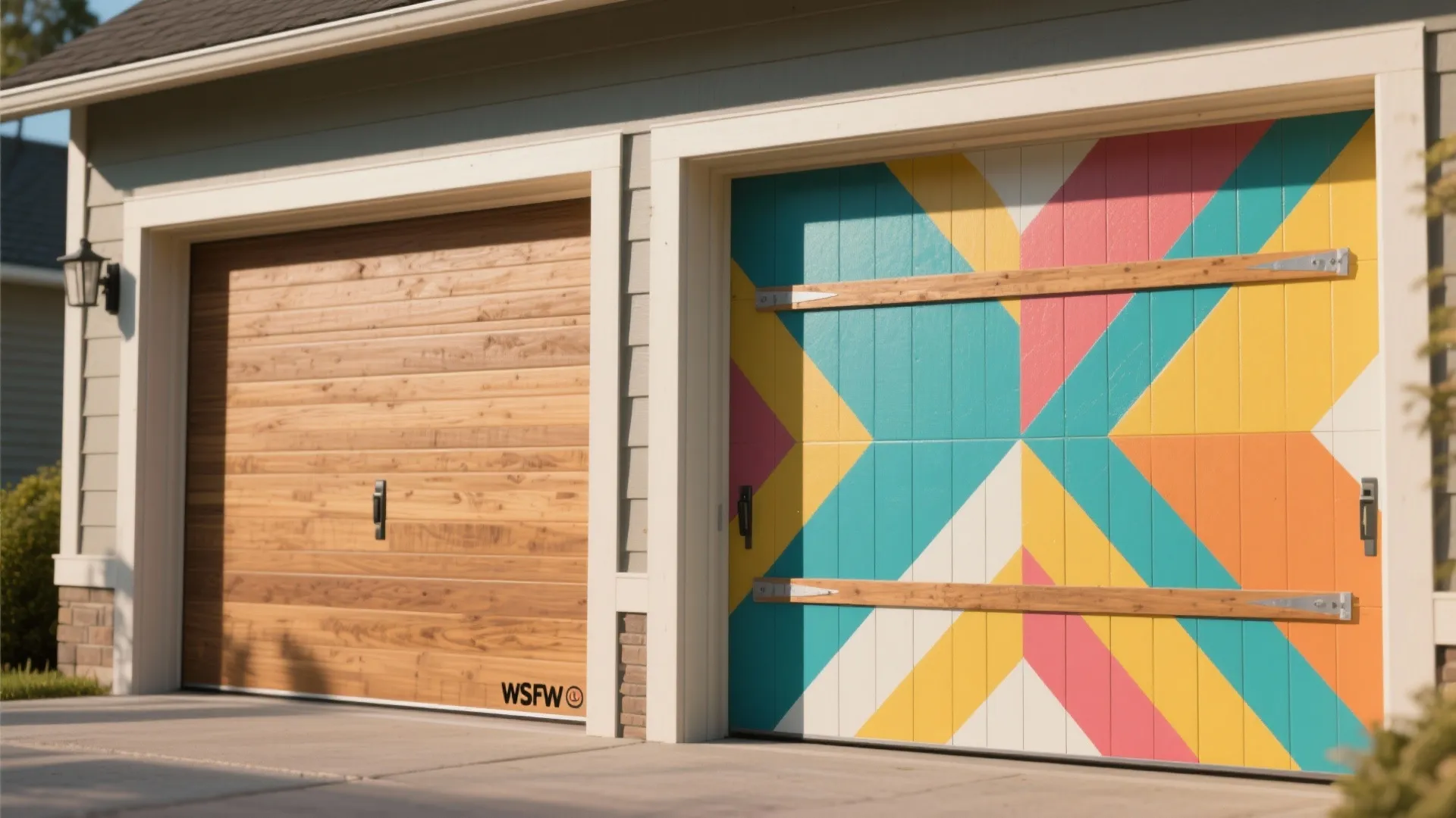 Side view of two garage doors including one wood panel and one bright colorful geometric pattern
