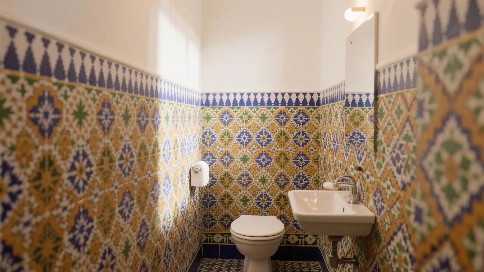 Small bathroom featuring colorful patterned wall tiles white toilet small wall sink and large mirror