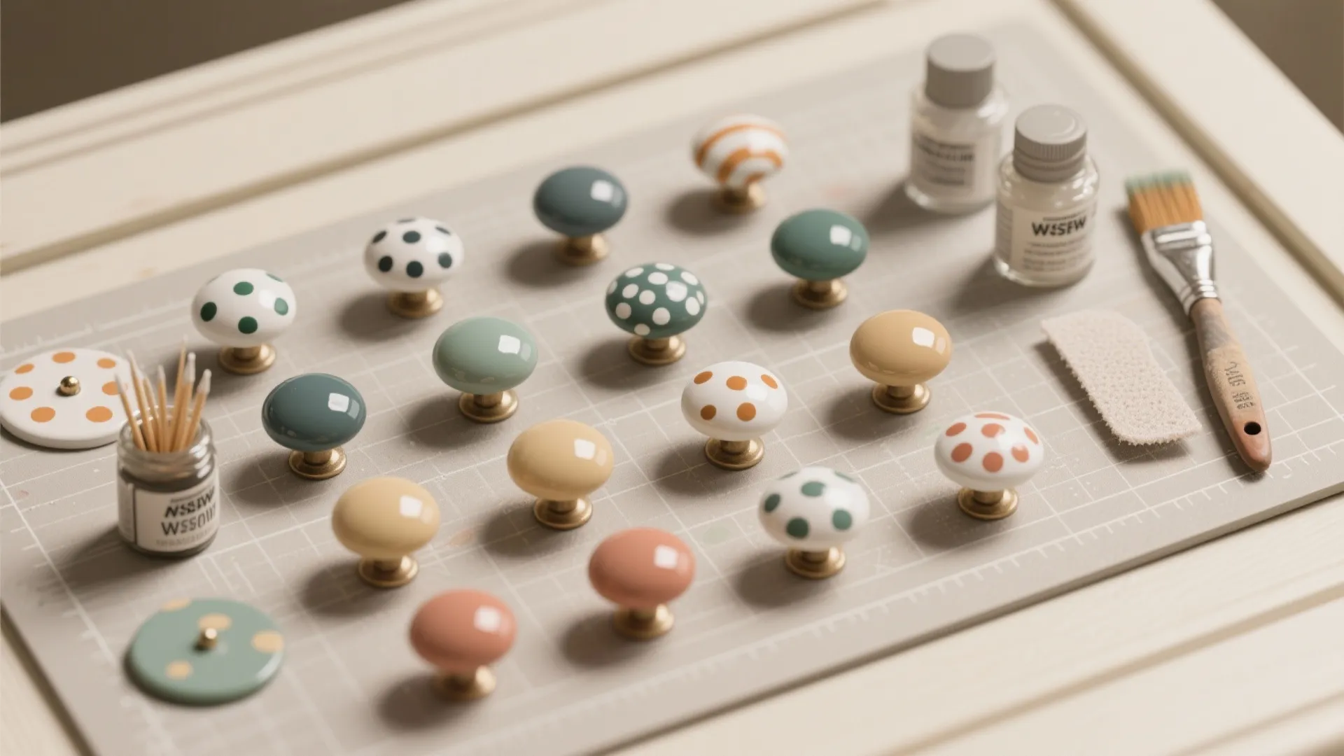 Colorful painted cabinet knobs with dots and stripes displayed on gray cutting mat with small tools