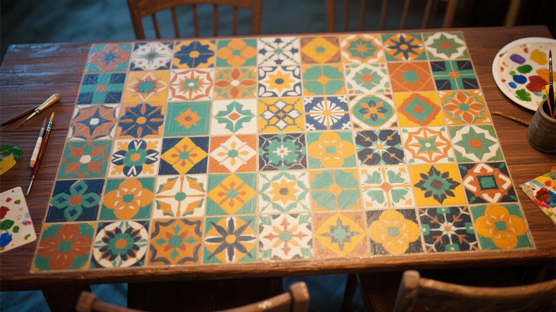 Dining table top with colorful vintage tile pattern painting